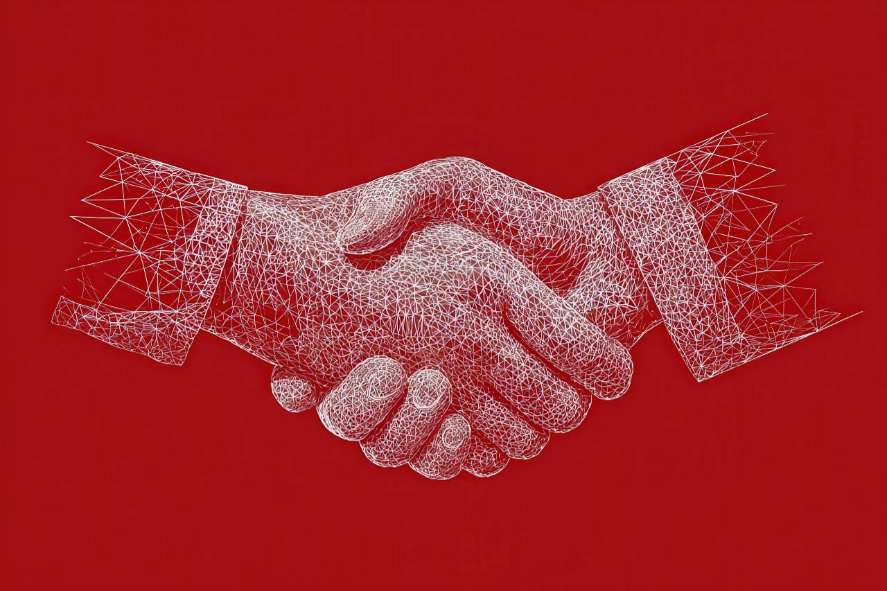 White handshake line drawing on red background