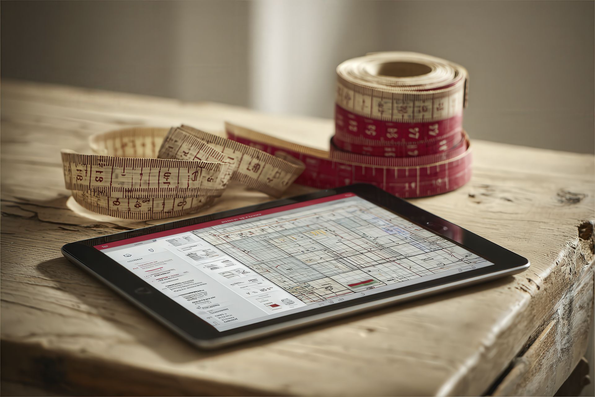 Tailor’s measuring tape and digital tablet on desk, symbolizing handcrafted branding methods and tailored digital strategy.