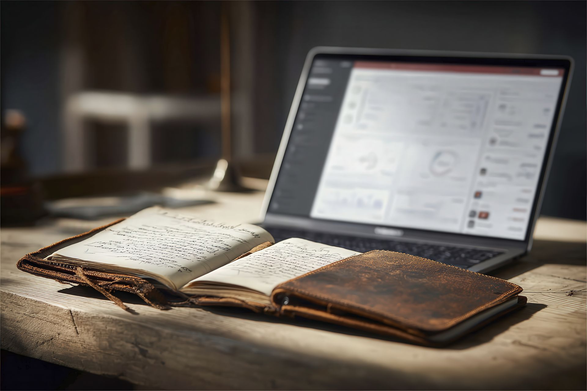 Leather notebook with handwritten notes next to laptop, symbolizing strategic logic infused with human insight.