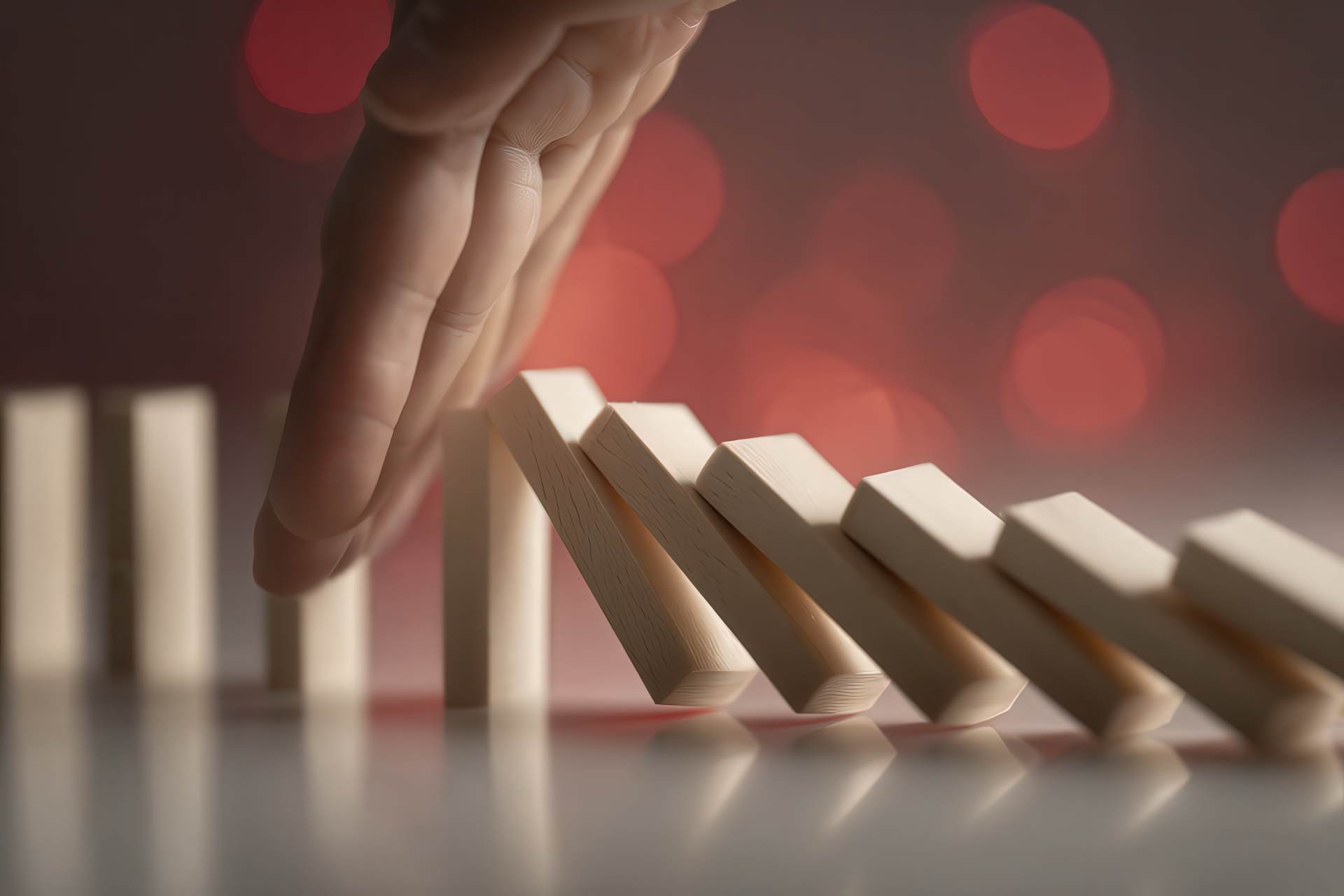 A hand stops falling dominoes, symbol of ethical intervention