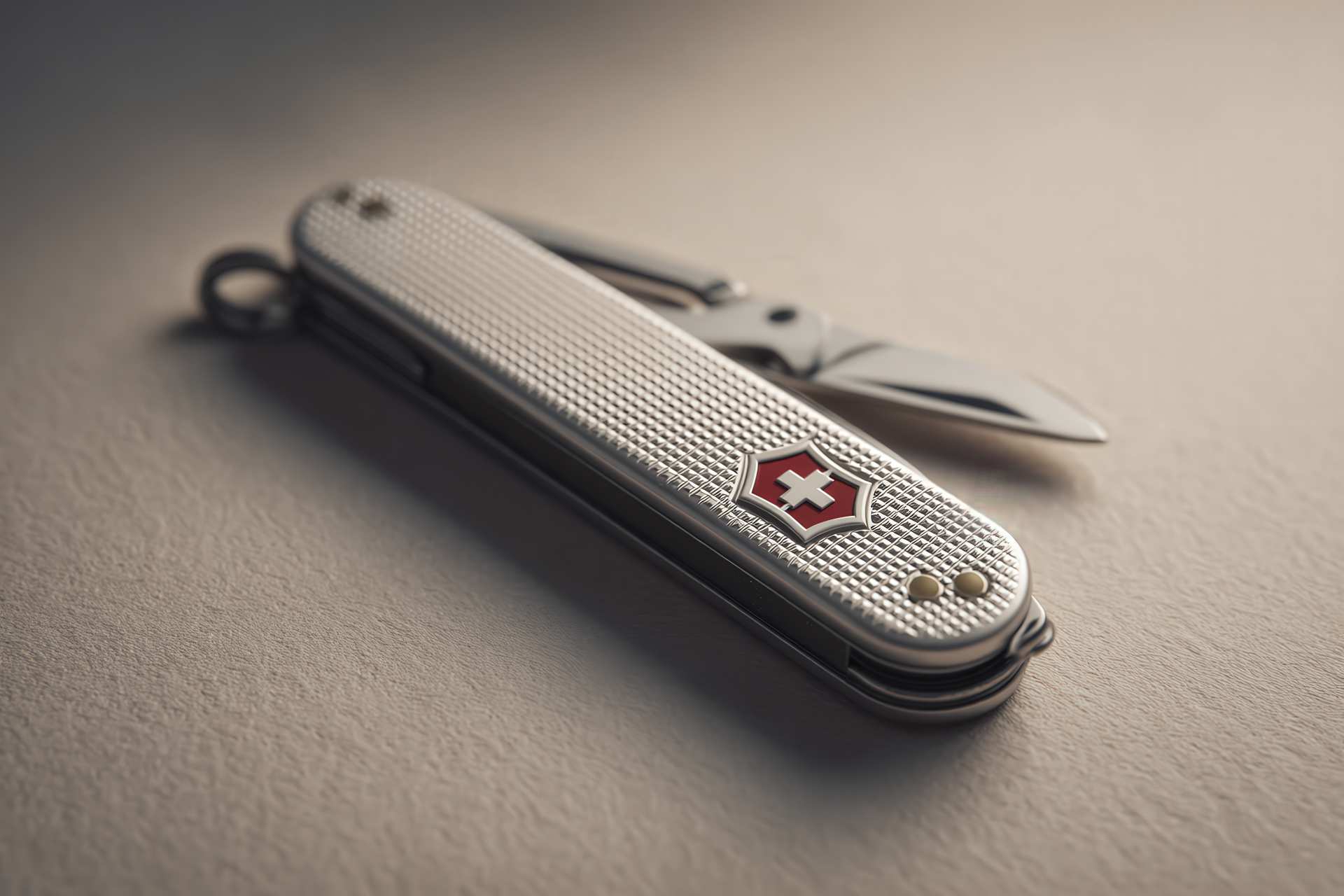 Swiss Army knife close-up with Swiss cross emblem on right side, symbolizing heritage, innovation, and Swiss excellence.