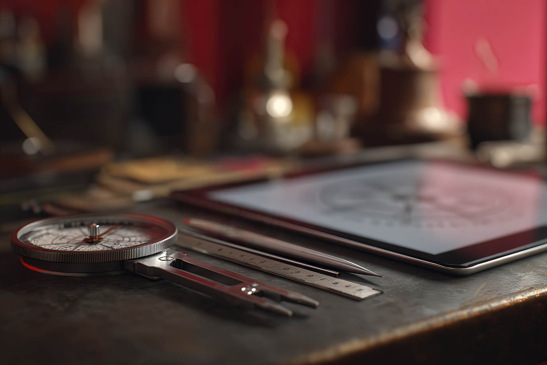 Vintage tools and a digital tablet side by side in a creative workshop
