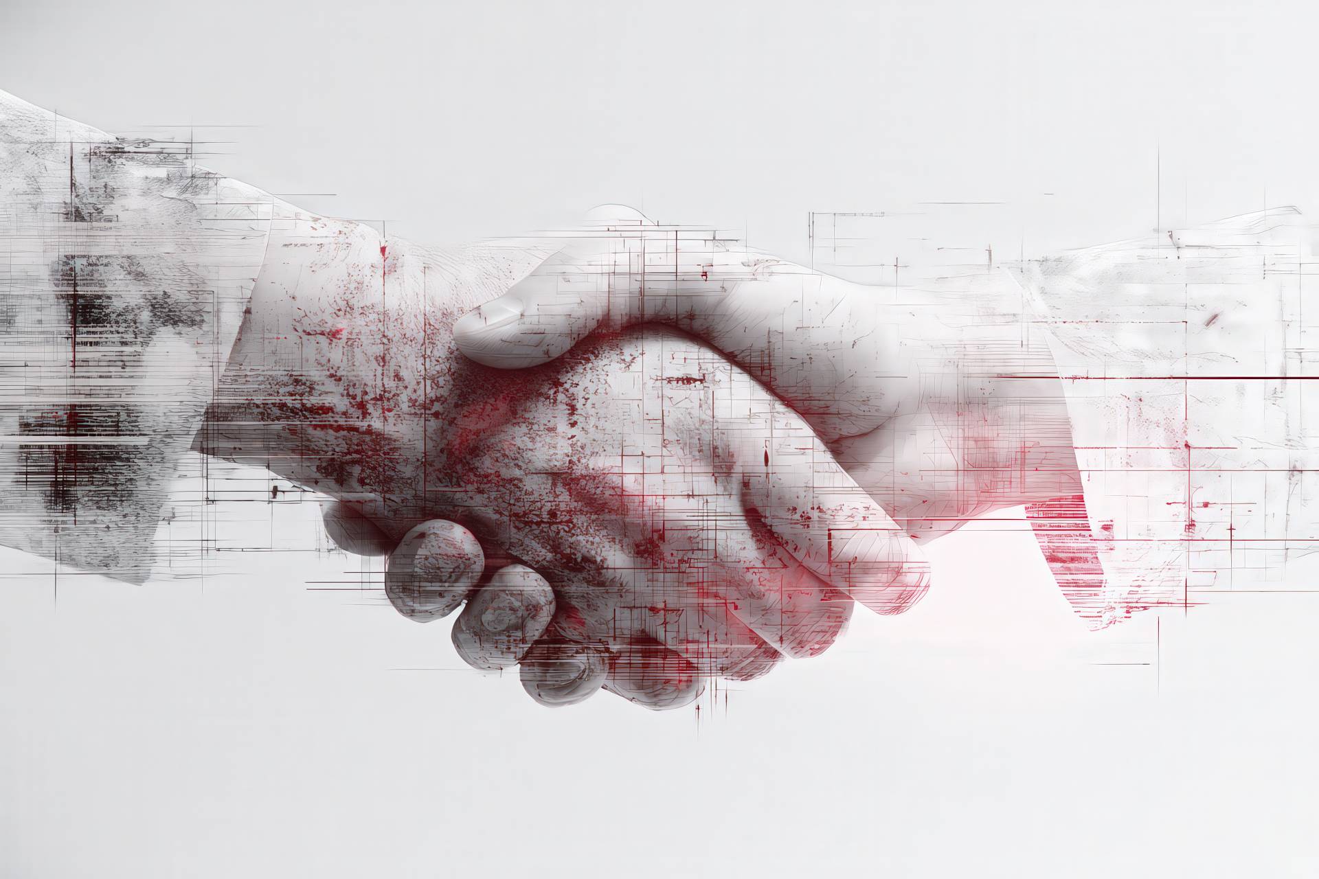 Abstract digital handshake with glitch textures and red light accent