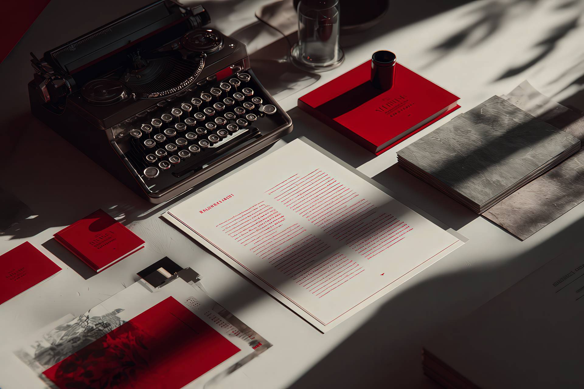 An elegant editorial desk with red highlights and magazine elements