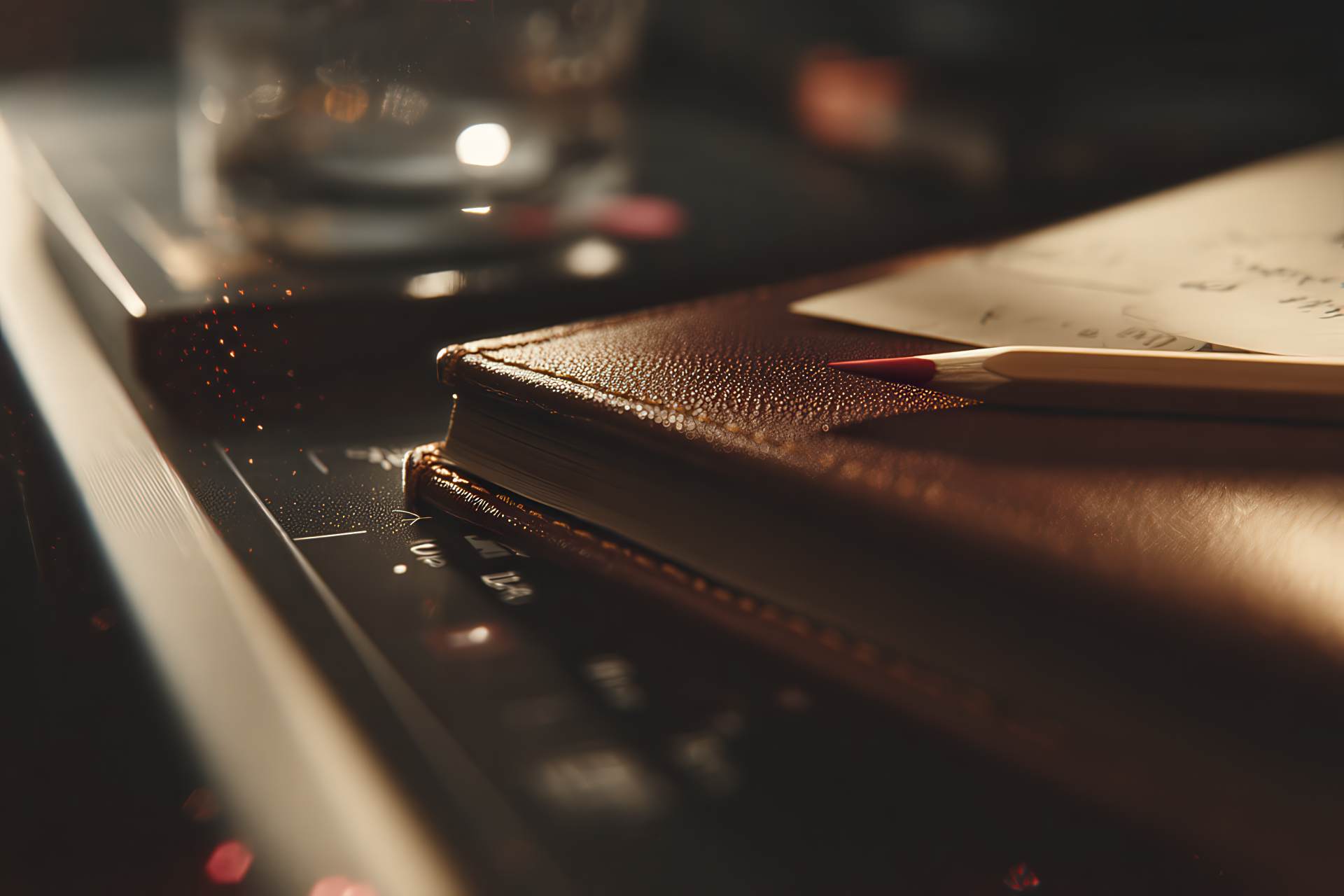 Close-up of a refined writing setup with digital glitch overlays