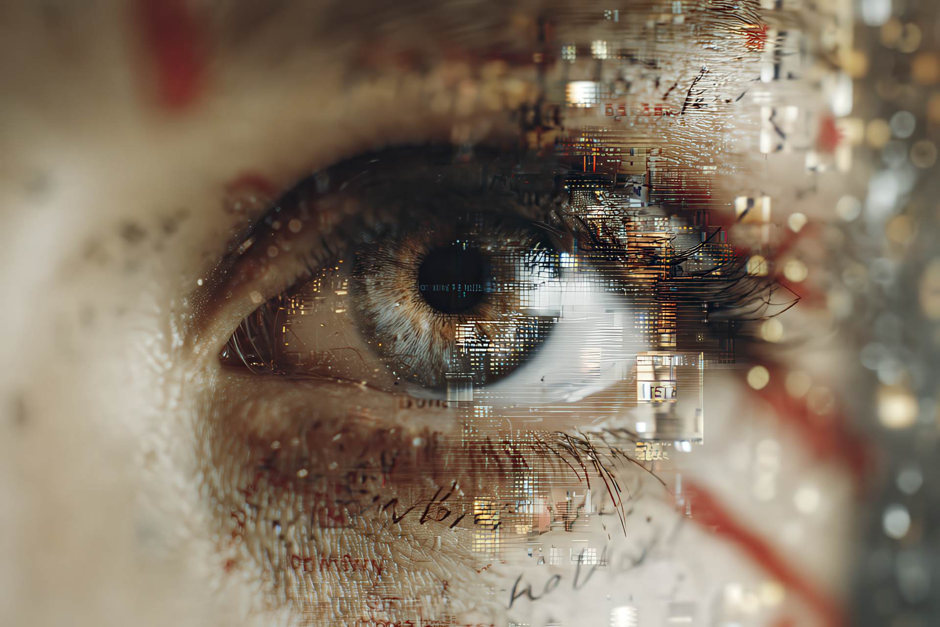 Close-up of an eye looking through reflective glass with digital fragments and typographic overlays