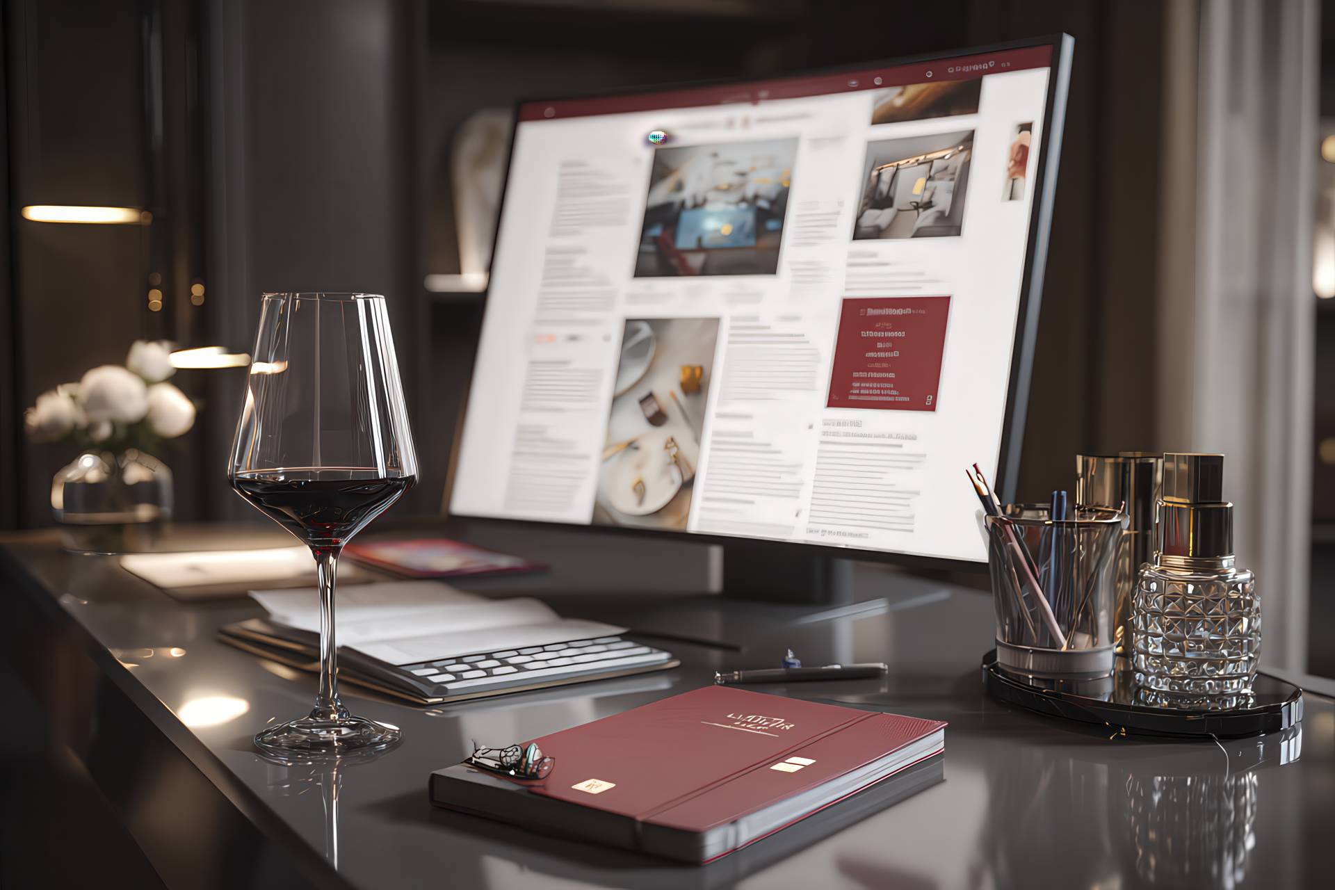 A stylish digital editorial layout with a glass of red wine beside refined desk elements