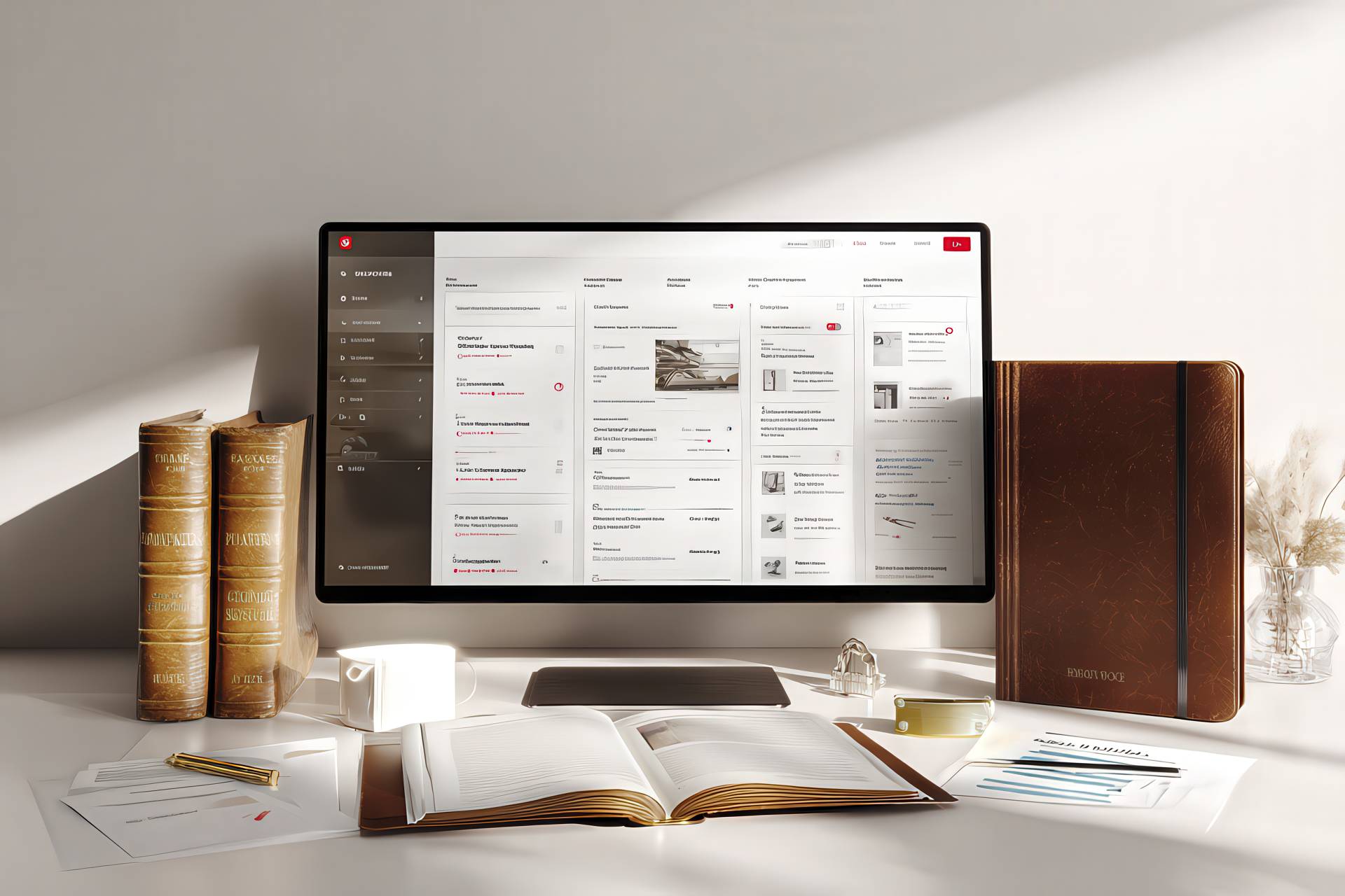 A real-life inspired workspace with eCommerce interface, legal documents and Swiss identity elements