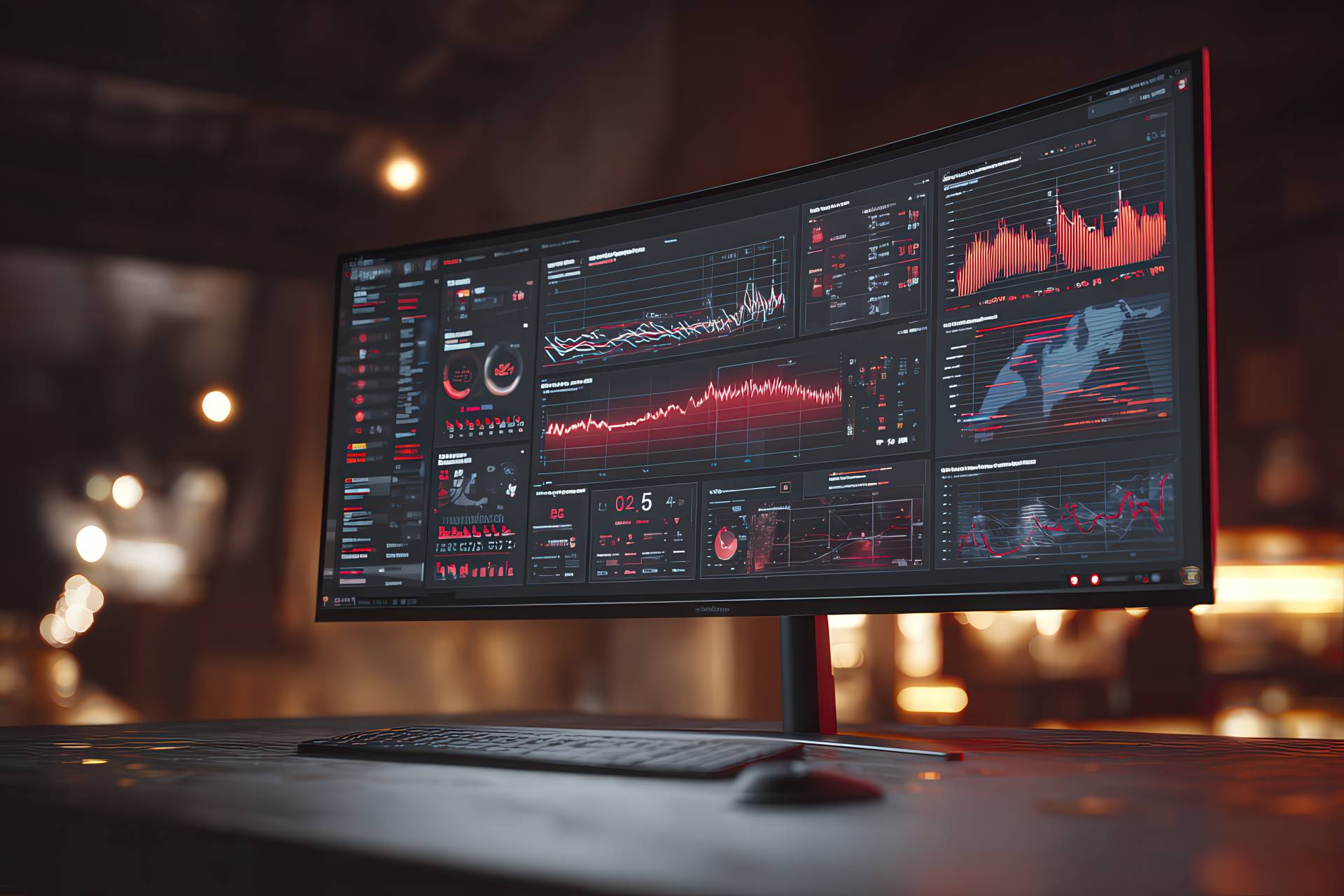 Futuristic hyperreal monitor with eCommerce analytics in red accents