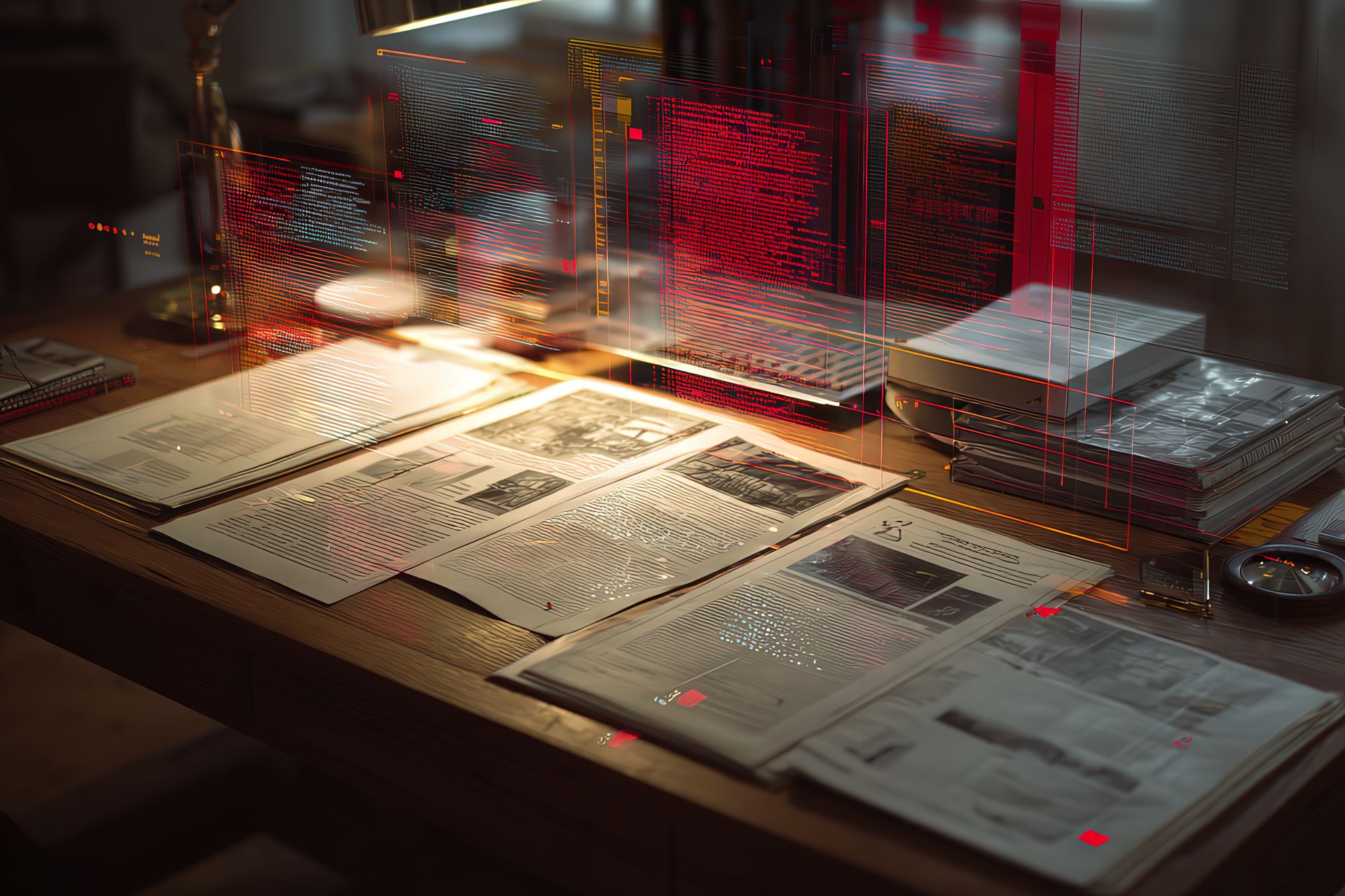 An elegant hybrid editorial setting with printed articles and digital longform overlays