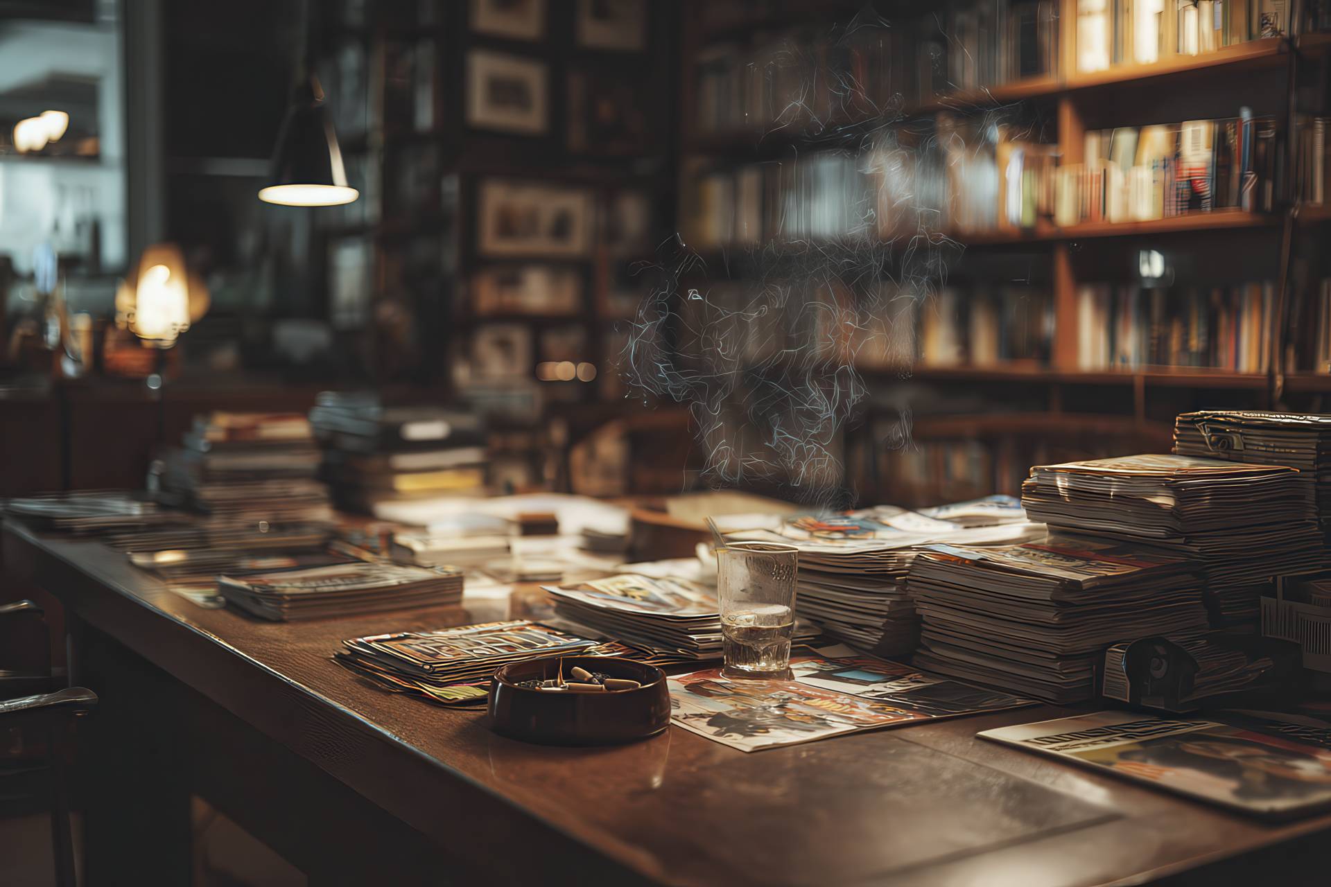 A newsroom archive with magazines, binders, and a table cluttered with publications and a smoking ashtray