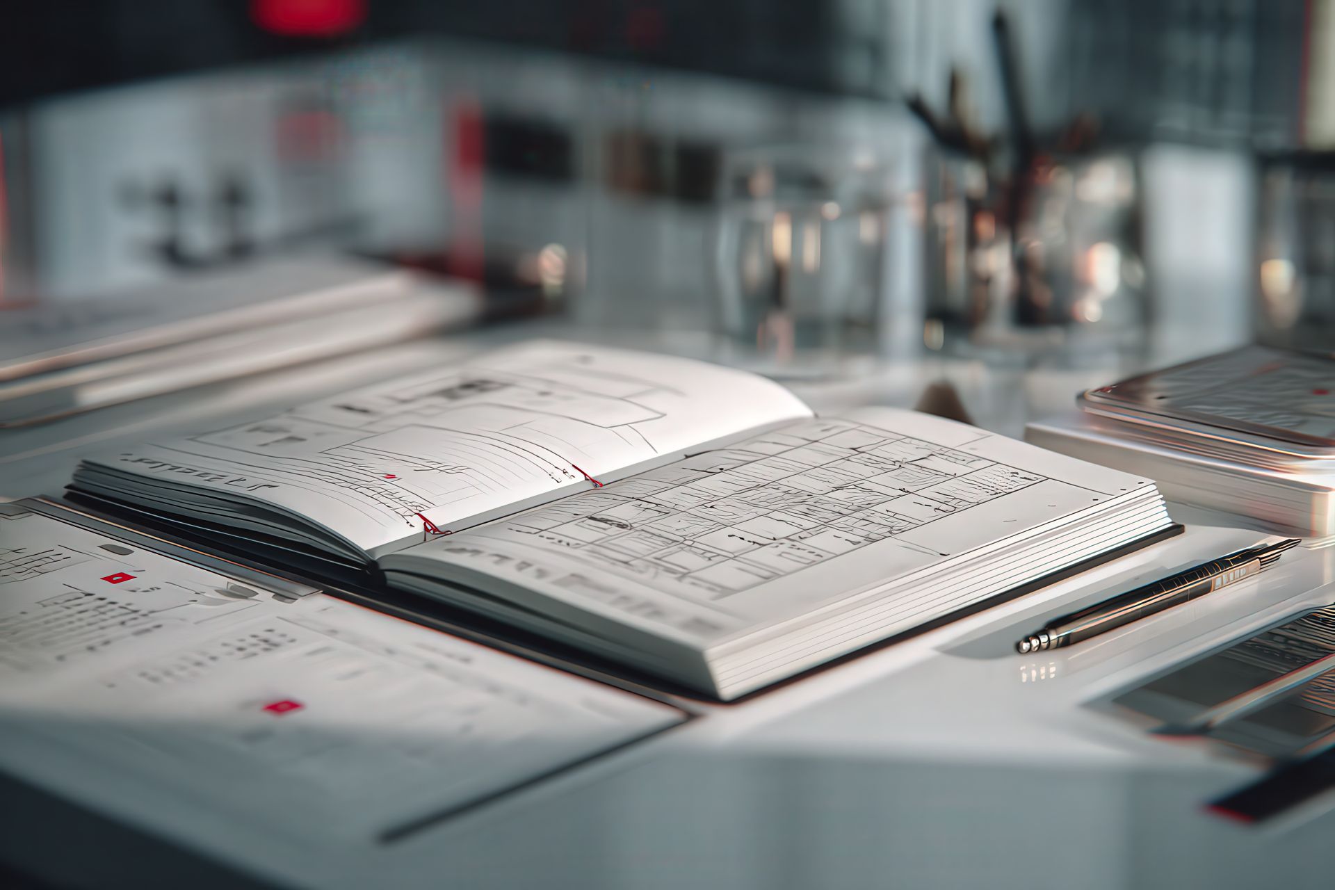 A refined digital editorial calendar with red accents and cinematic lighting