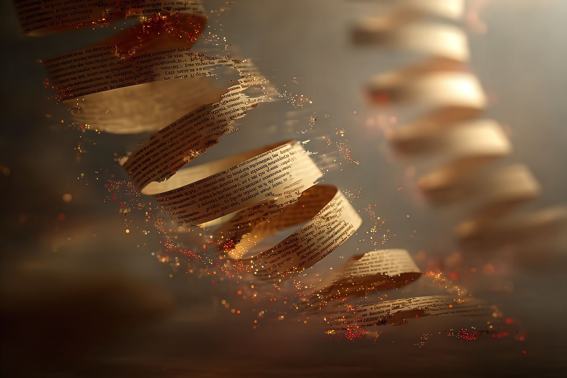 Suspended pages and paragraphs forming a symbolic spiral of editorial continuity