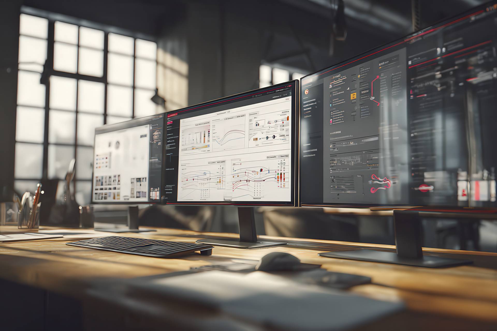 A modern office desk with screens showing CRM and task workflows in a realistic digital environment