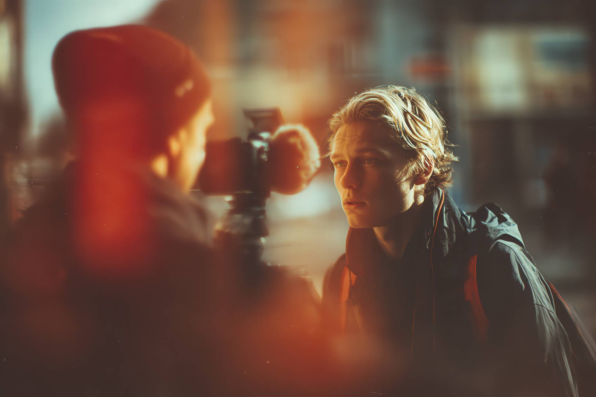 A photojournalist interviewing someone with a Leica camera