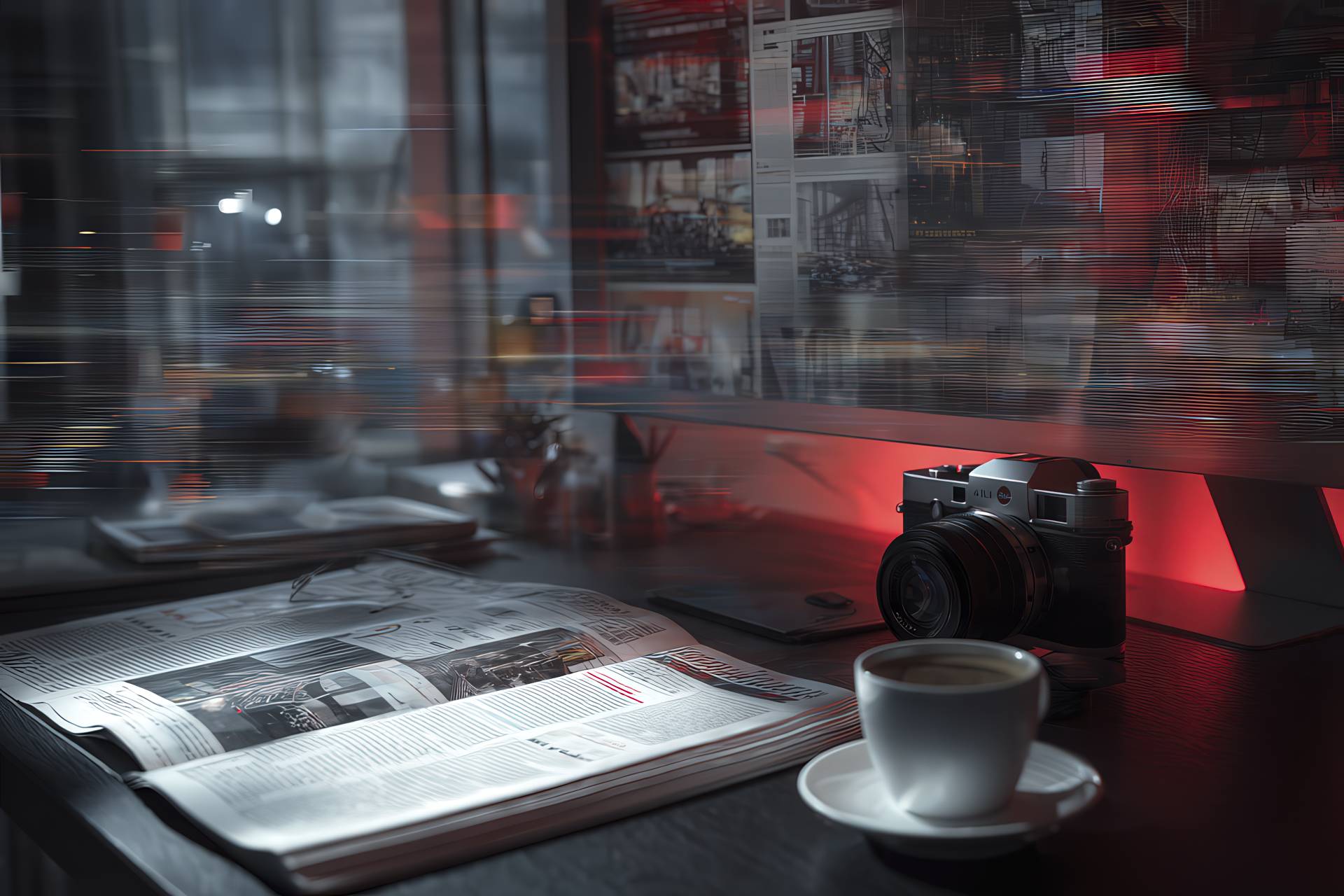 A Leica camera and glitchy digital editorial elements over a crafted desk