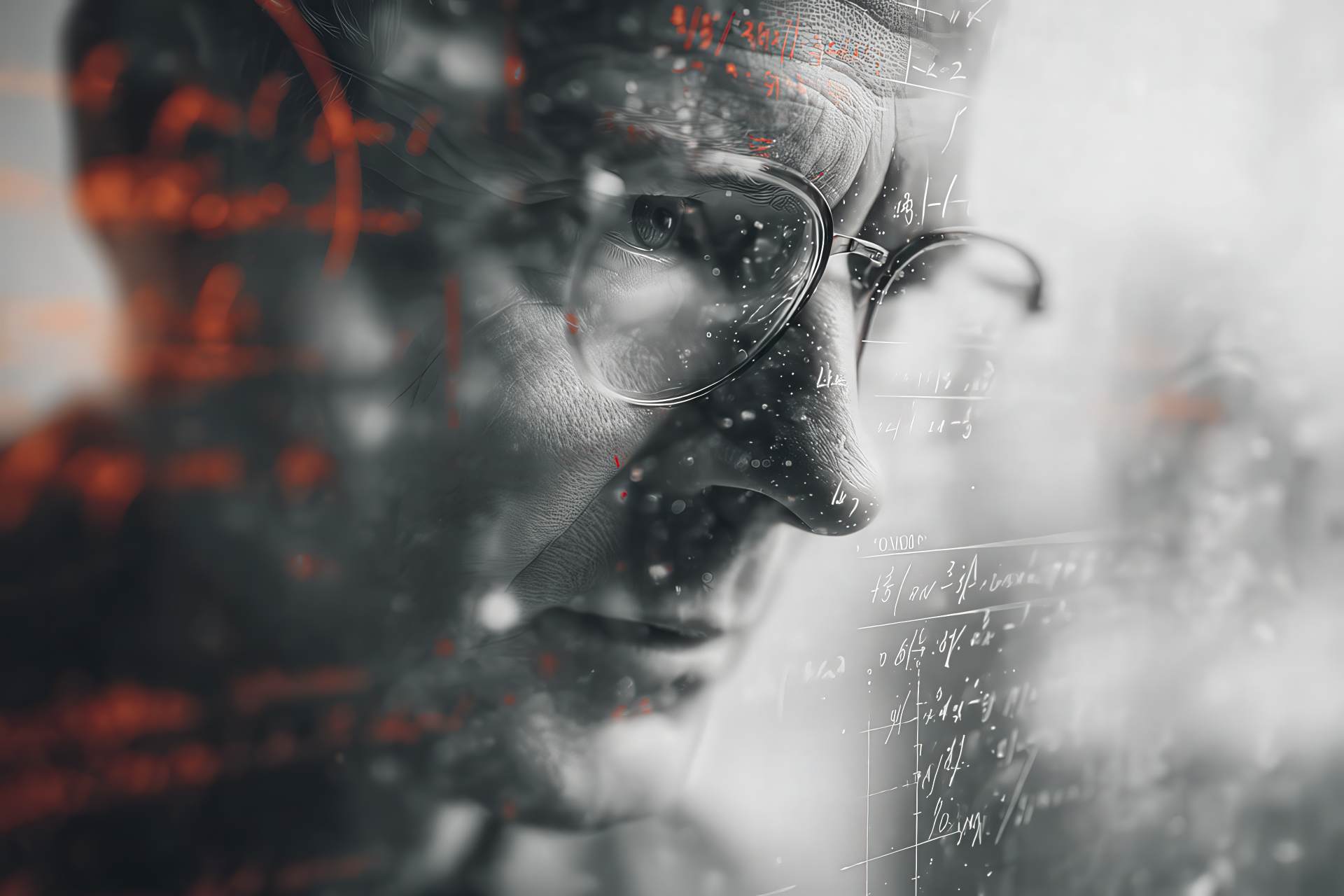 Conceptual editorial portrait with reflections and handwritten overlays