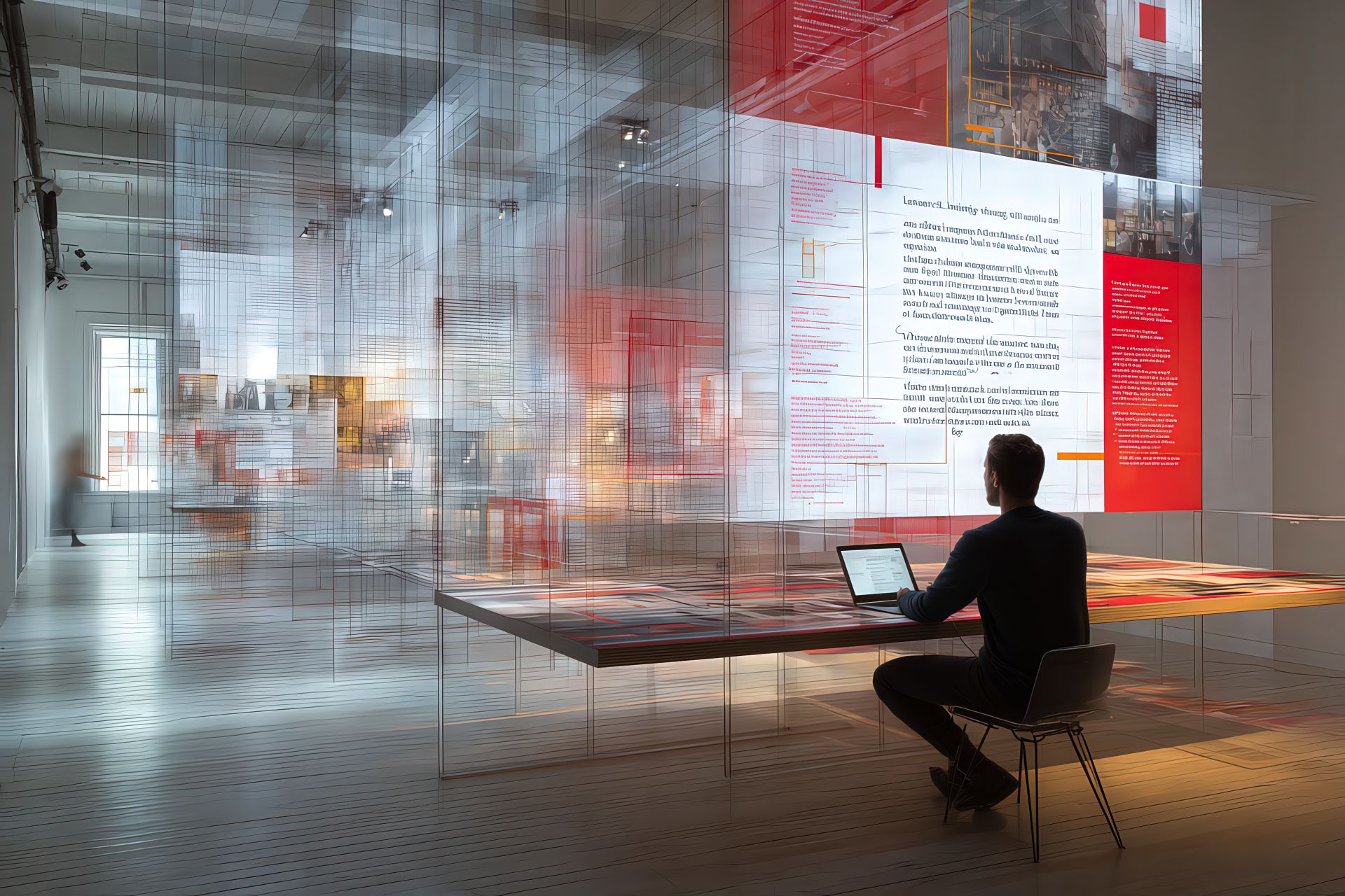 A writer editing longform content in a bright editorial space with digital overlays