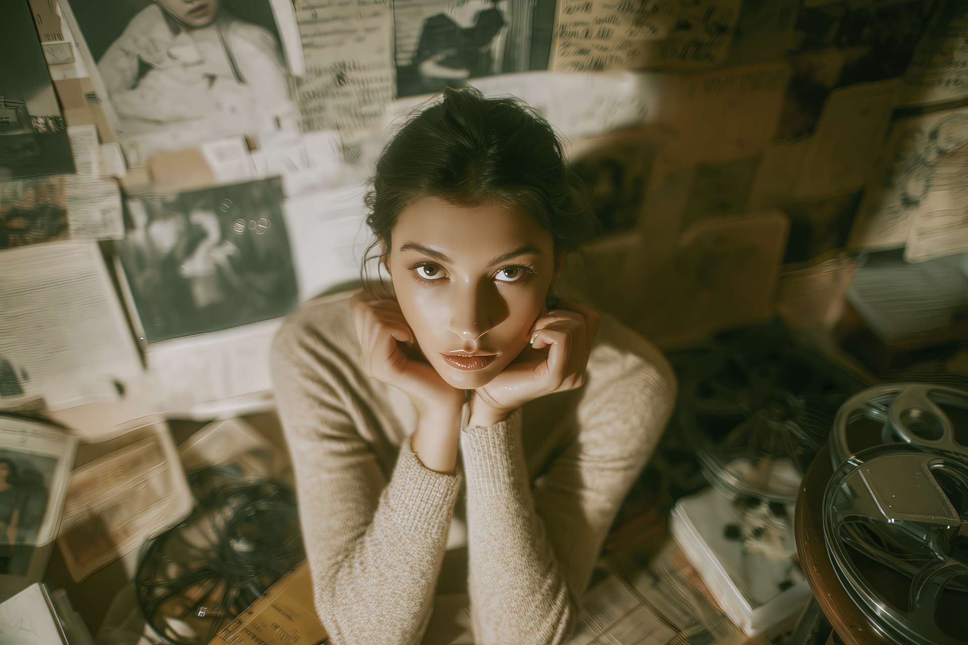 Fashion photo shoot in 1980s Milan editorial style, with retro props and creative atmosphere