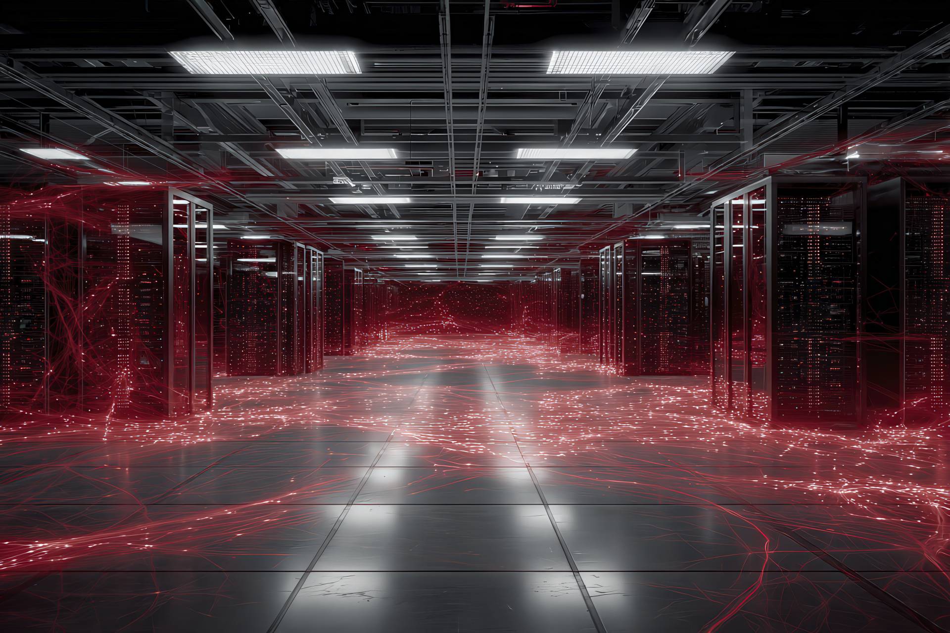 Digital visualisation of four connected Swiss datacentres with red data lines
