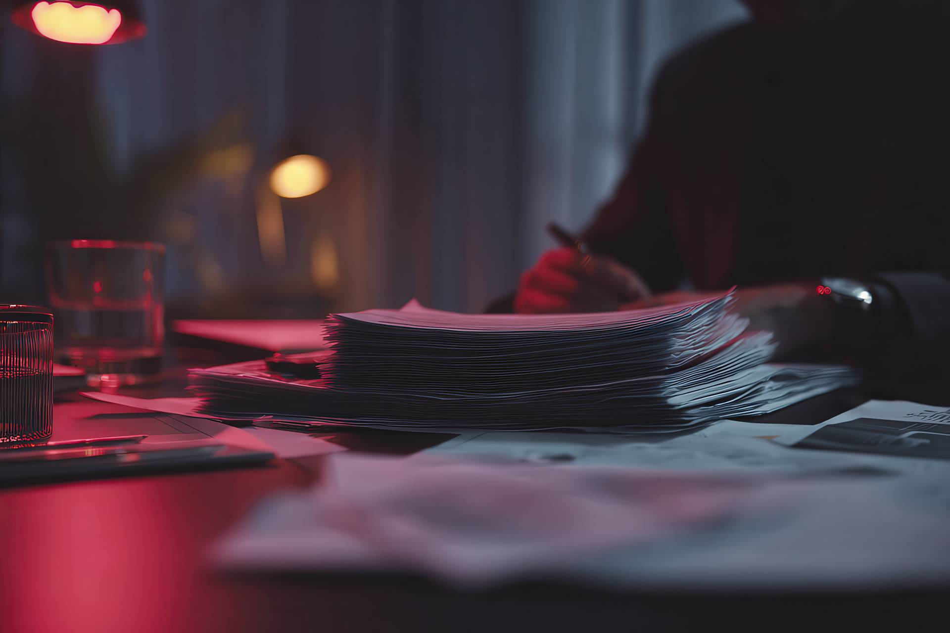 A realistic editorial scene with documents and red lighting, symbolising company structure and transparency
