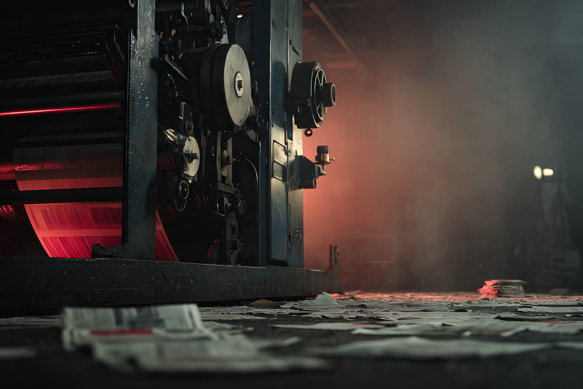 A vintage printing press in motion with red ink and ambient smoke