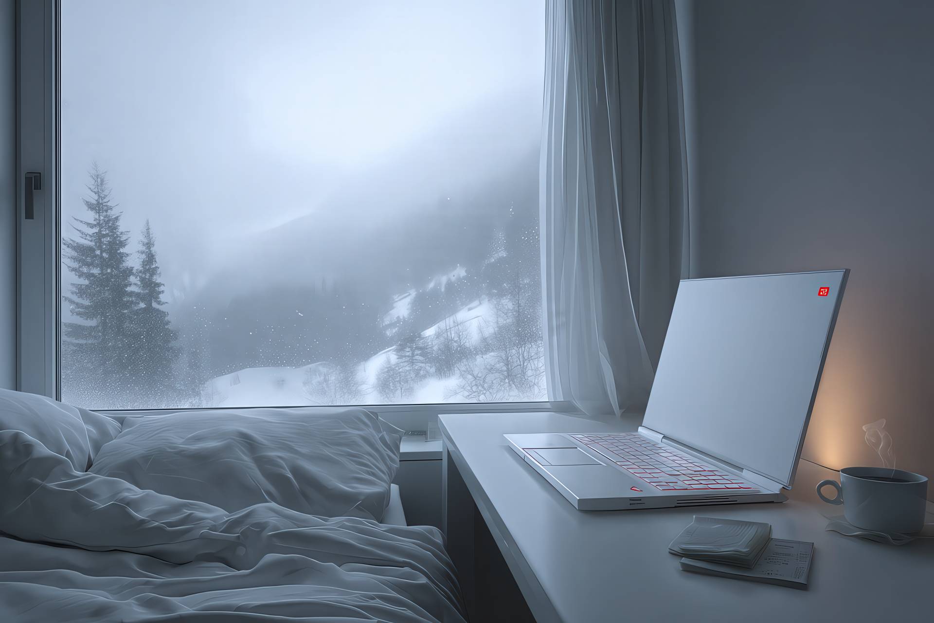 Peaceful tech workspace with snowy tones and red accent in Swiss Alps setting