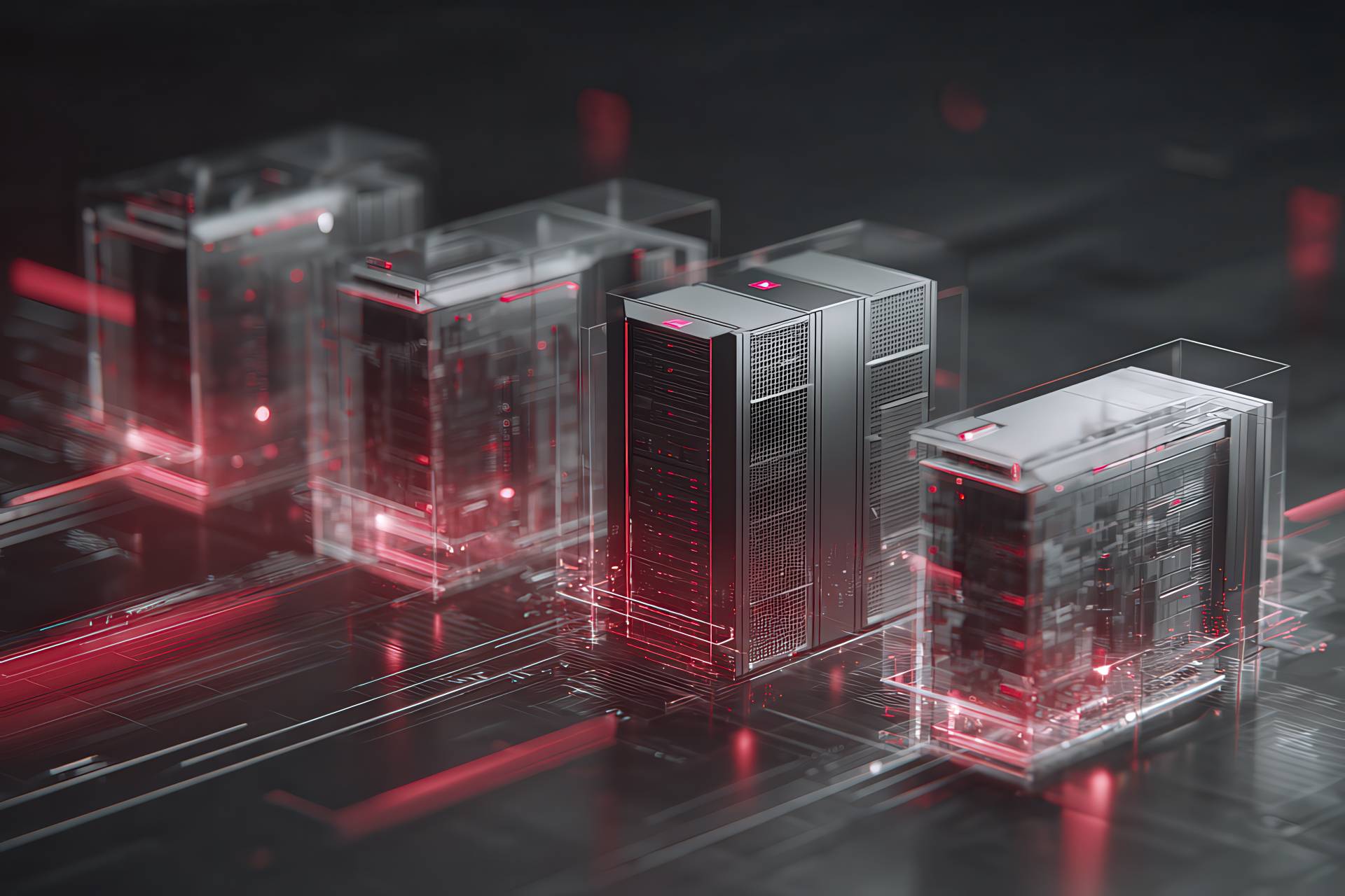 Secure hosting infrastructure with Swiss data centres and red accent lighting