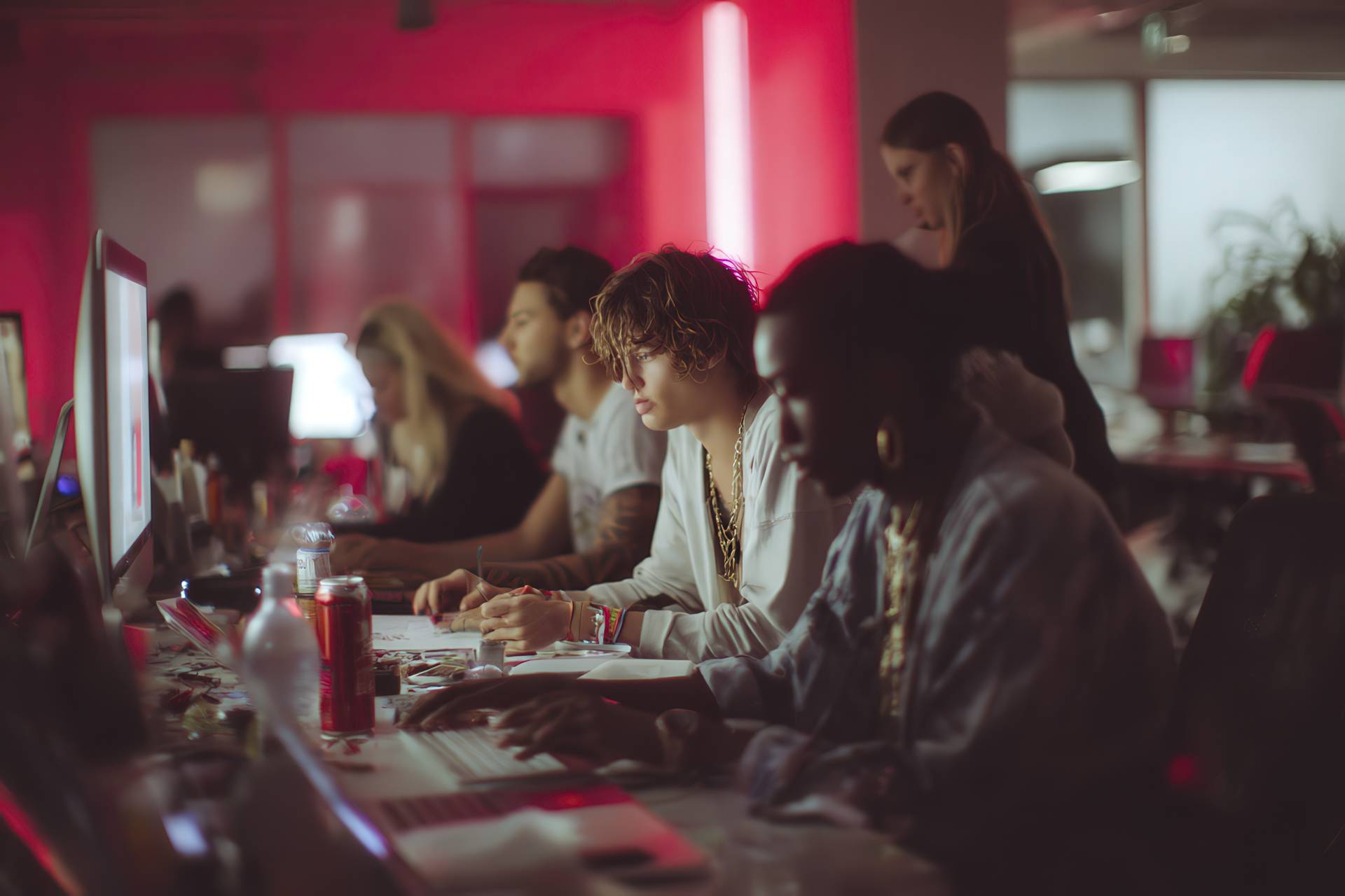 A cinematic team scene showing diversity in a creative studio with glitch and light effects