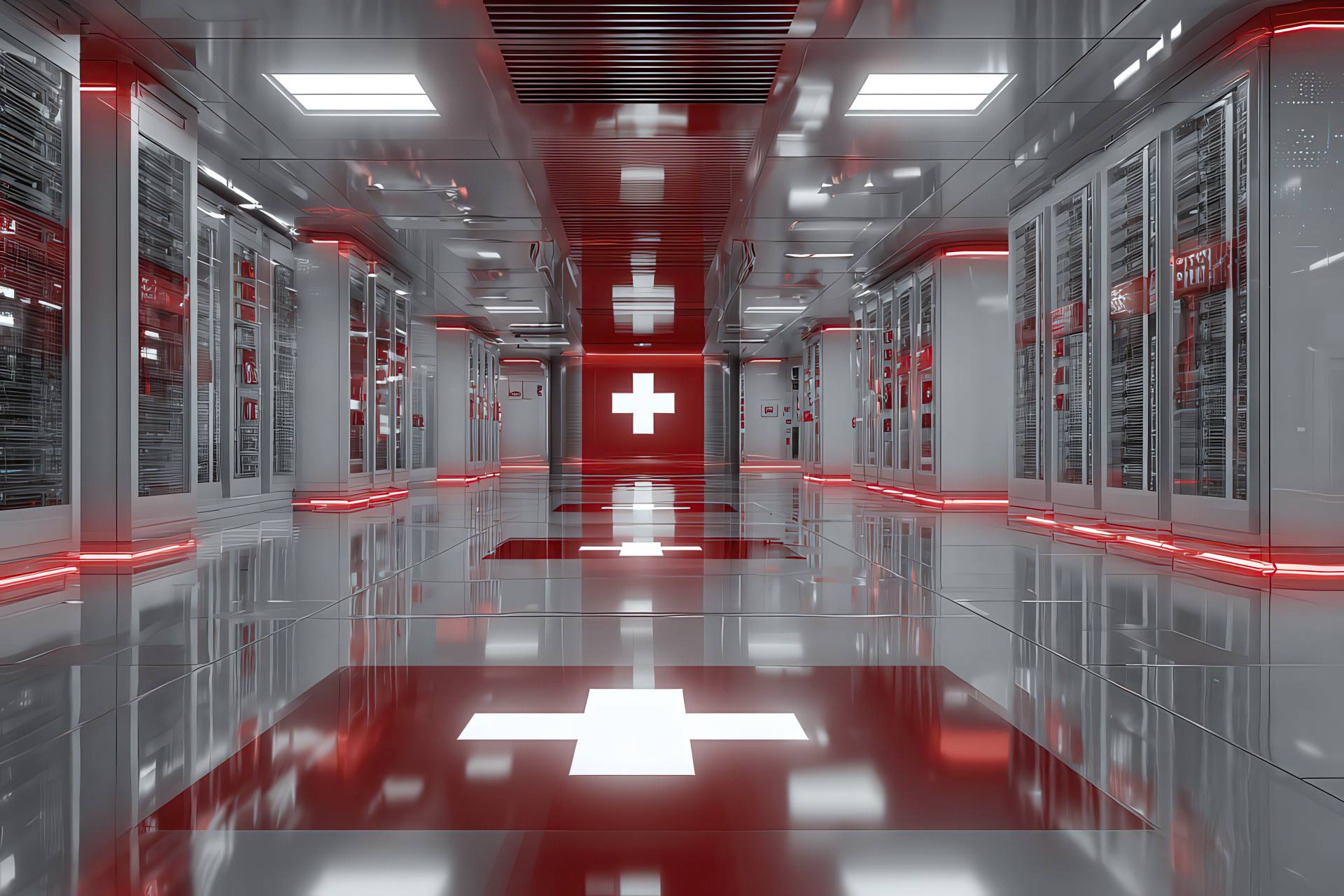 Visual of a controlled and sovereign Swiss server room with red details