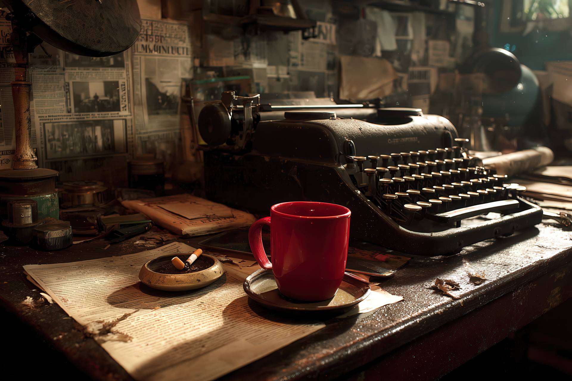 A gritty writer’s desk with typewriter, coffee mug, and scattered drafts