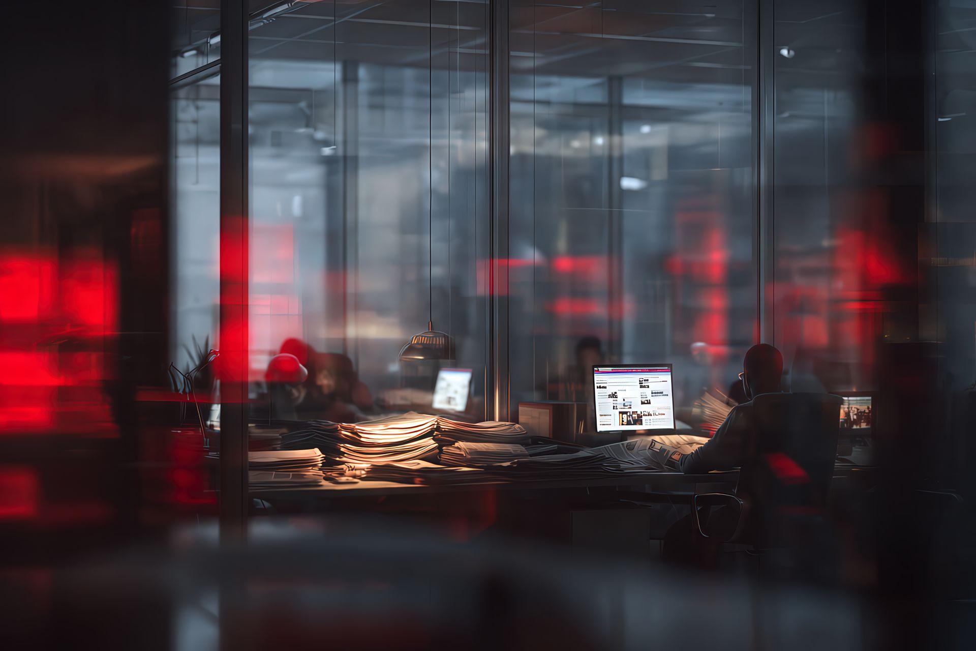 Writers in a luminous editorial space with digital layers and red accents