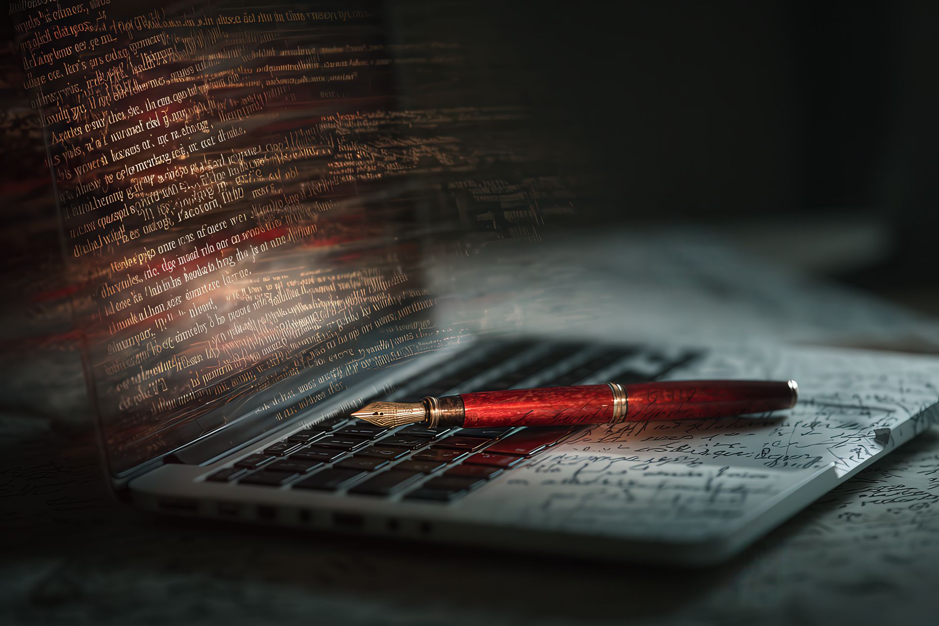 A symbolic desk showing ghostwriting with ambient light and red accents