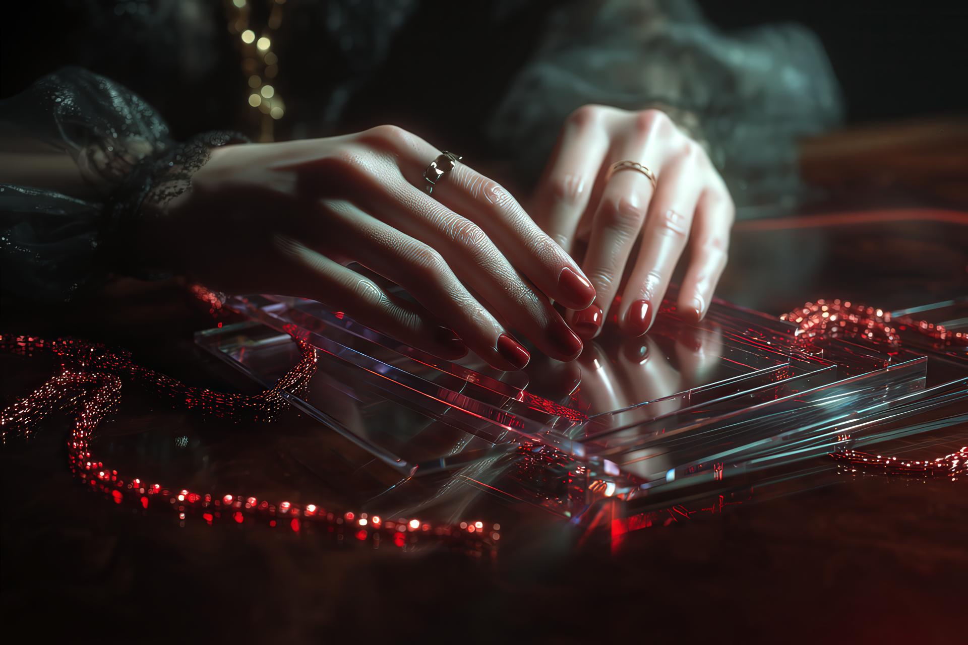 Hands aligning transparent polymer sheets with glowing red biopolymer chains