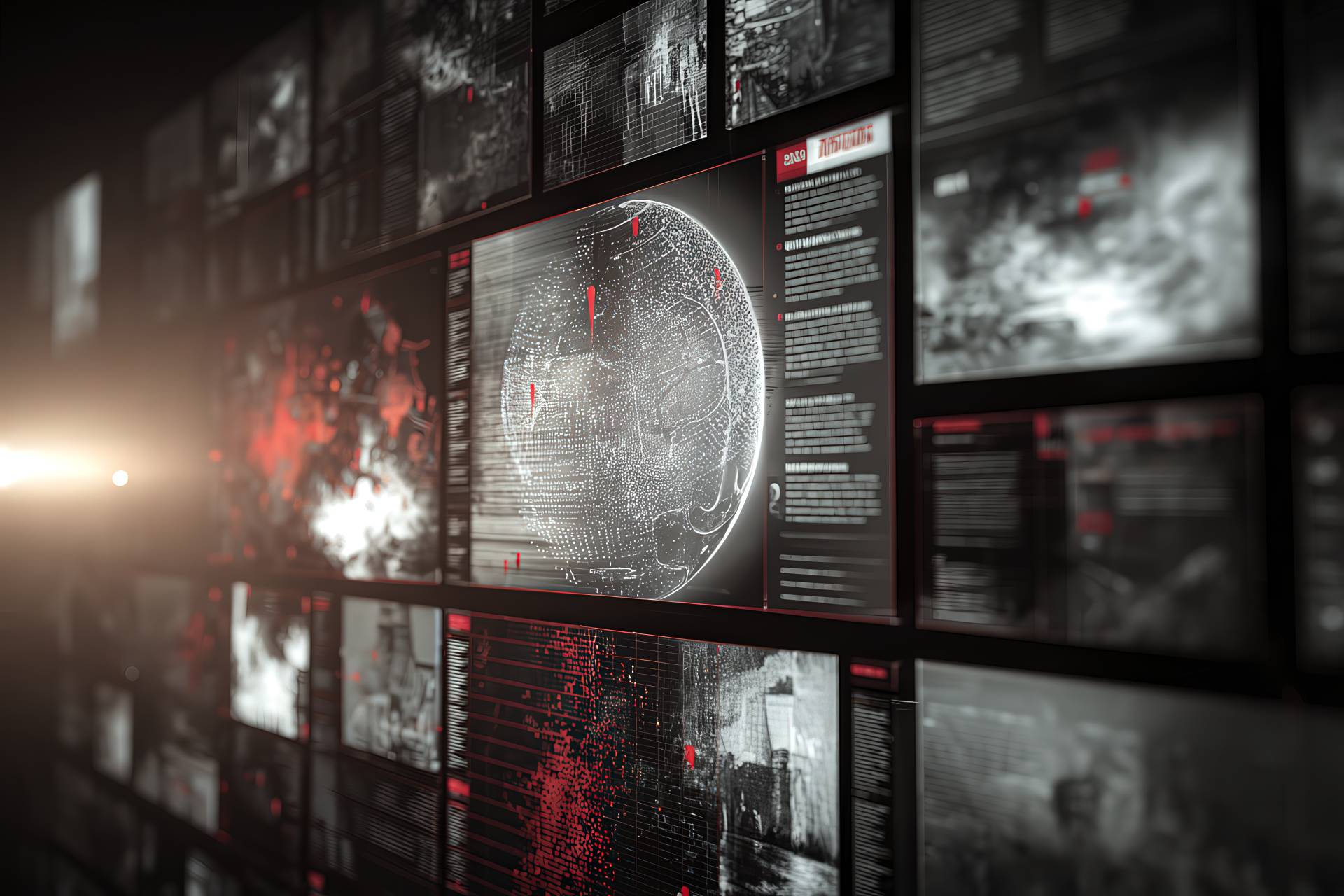 Hyperrealistic digital press review interface with global data layers and cinematic red accents