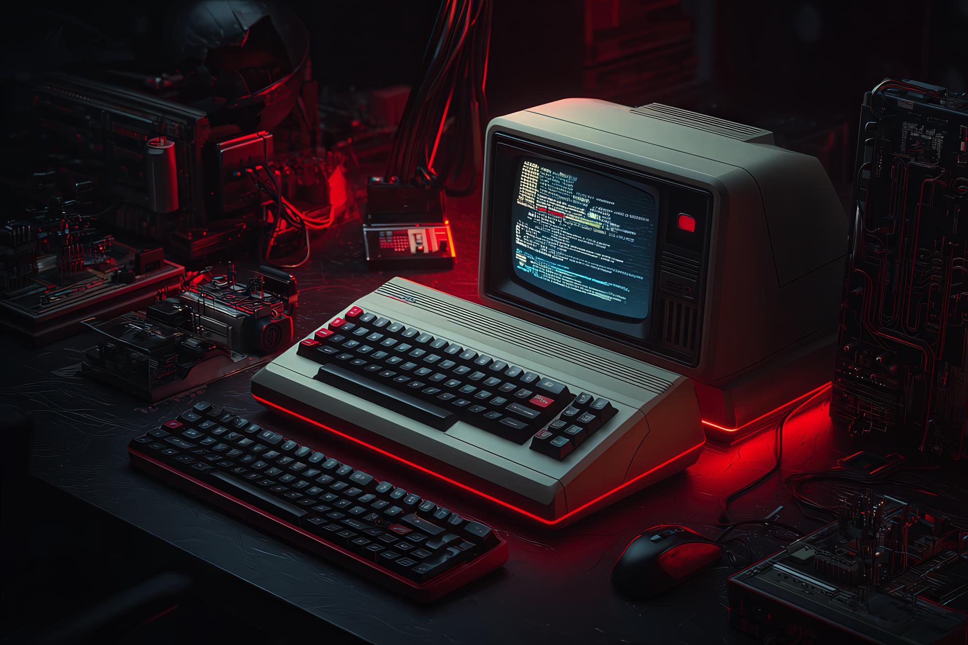 Editorial-style retro-futuristic image of a Commodore 64 evolving into modern networks with red accent #da291c