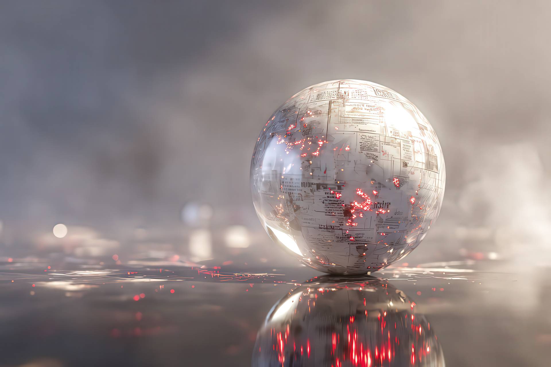 A luminous crystal mirror reflecting glowing headlines and brand mentions across a serene globe