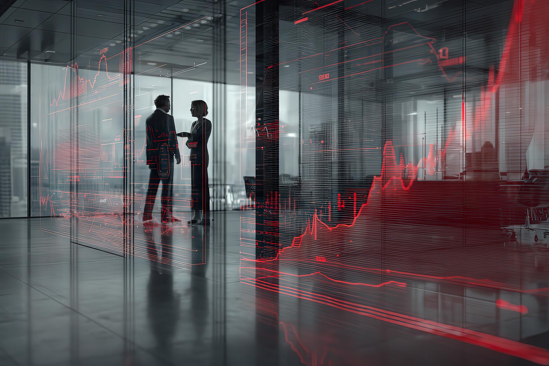 Professionals analyzing brand perception data with holographic graphs