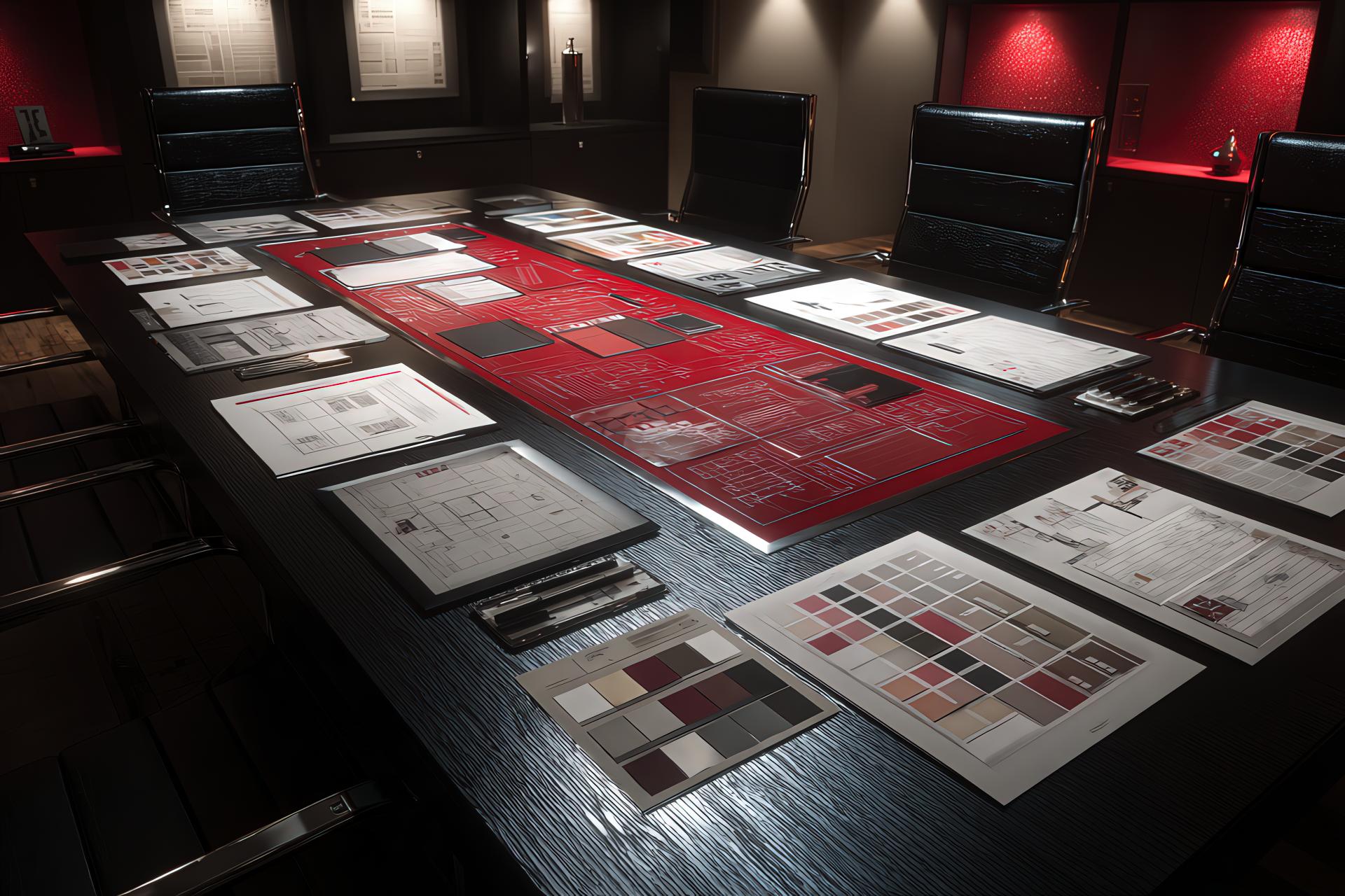 Corporate boardroom table with branding blueprints, swatches, and diagrams, symbolizing identity and governance