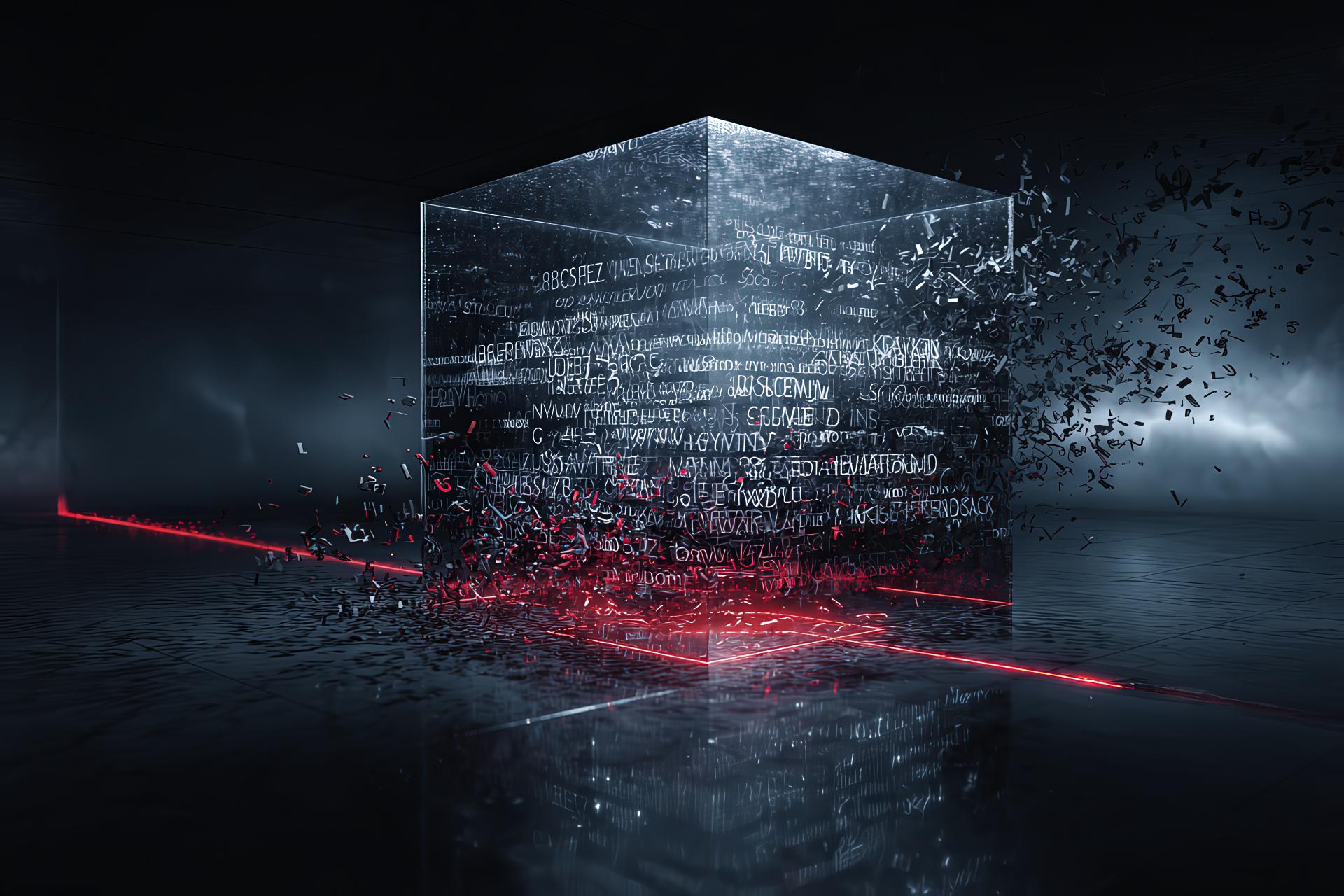 loating transparent cube containing structured words in contrast with external chaos