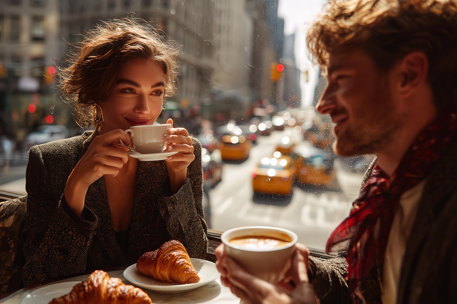 Woman sipping espresso and man holding cappuccino in bright urban café