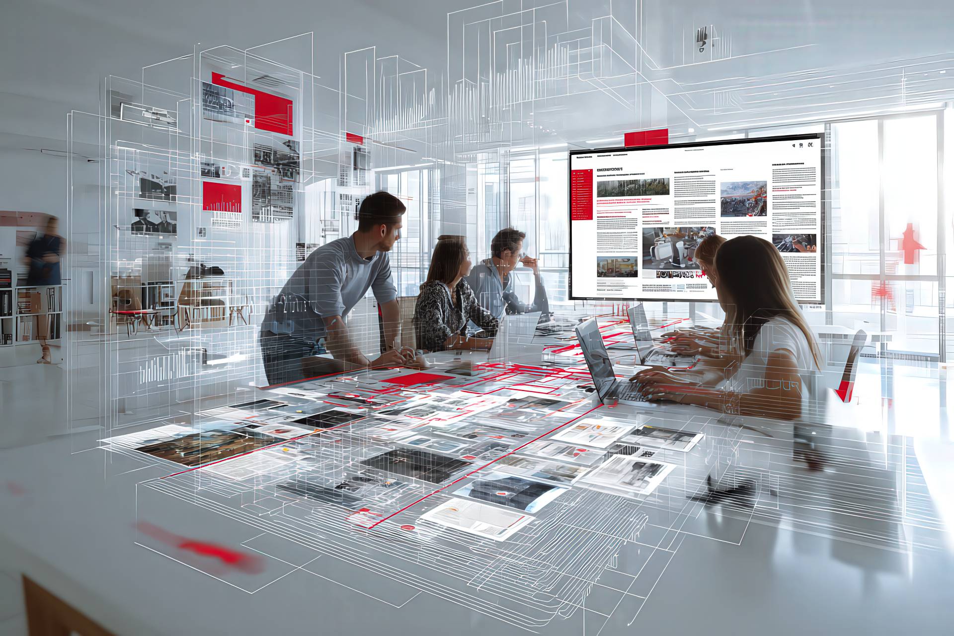 Team collaborating on newsletters with digital editorial strategy overlays