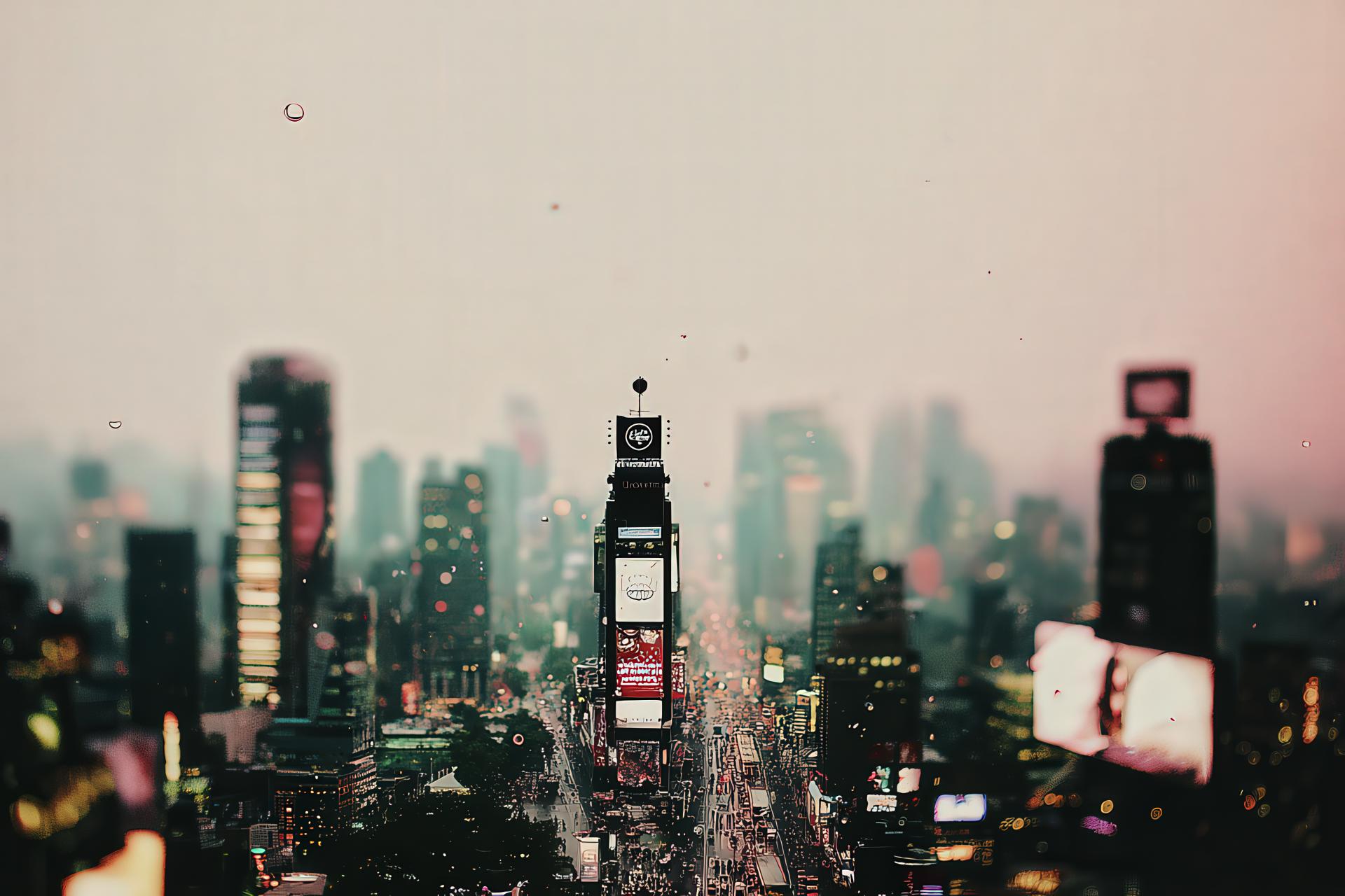 Editorial-style futuristic skyline with glowing brand symbols