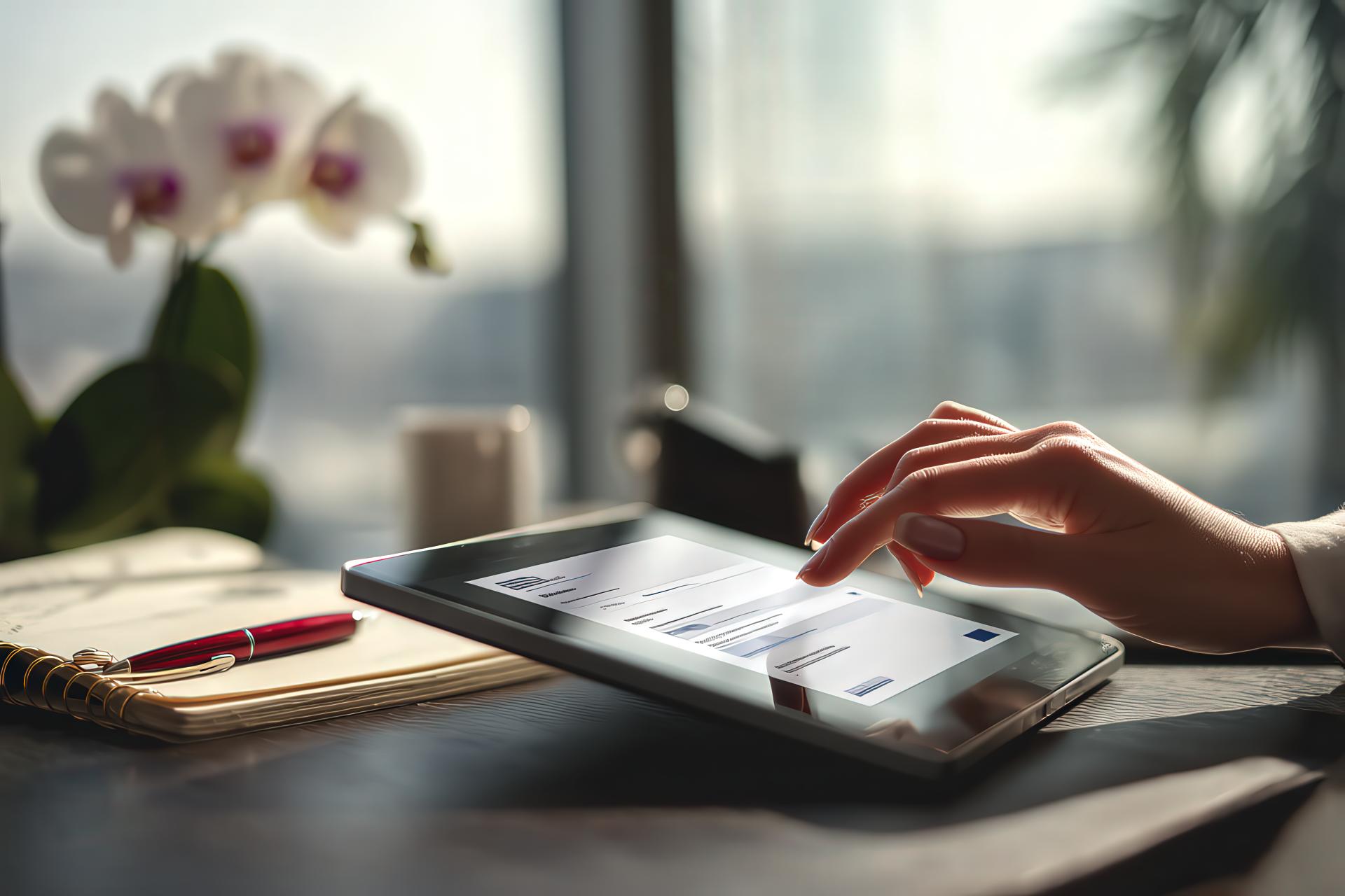 Transparent consent interface on tablet in elegant EU office