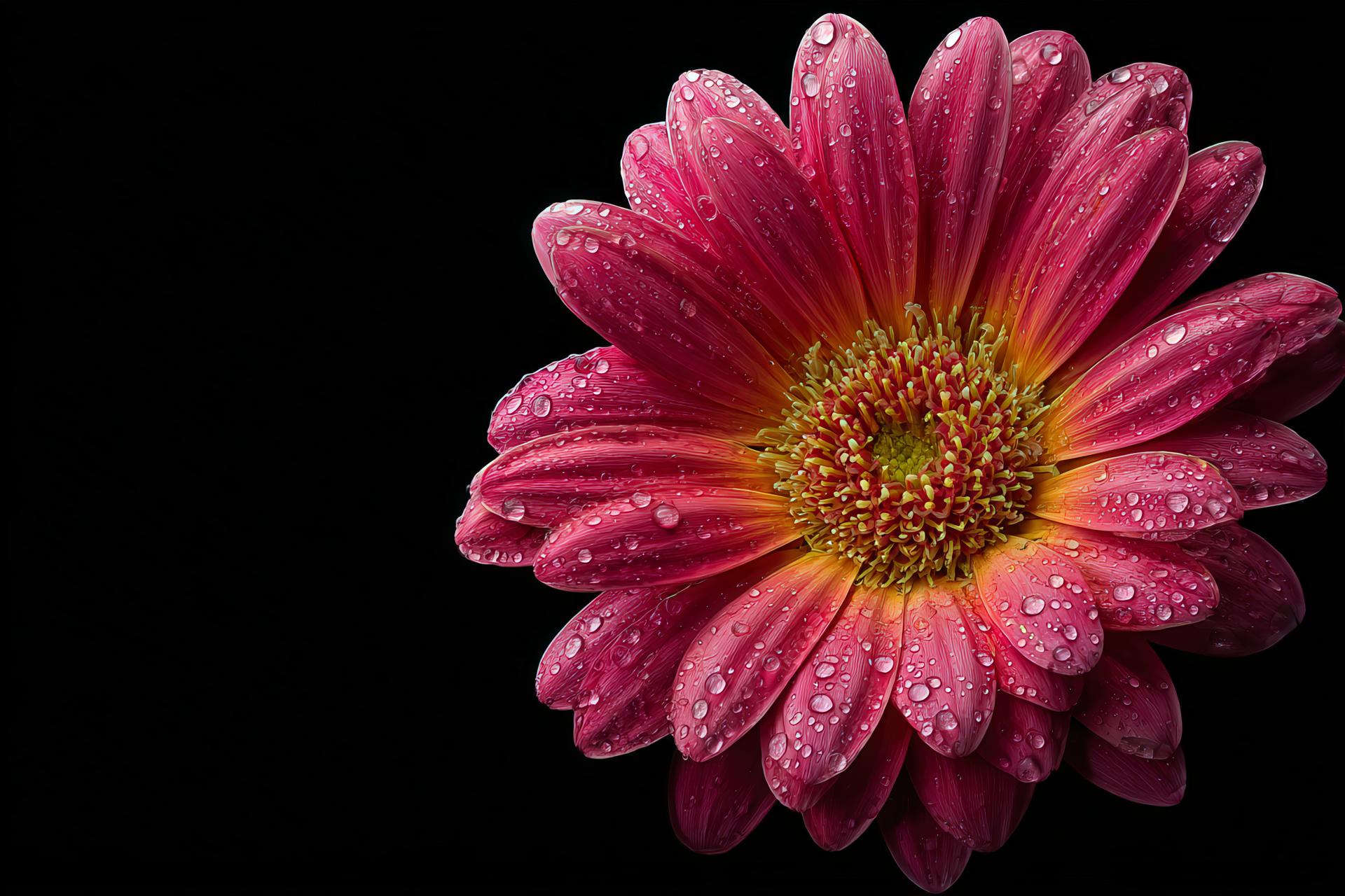 Close-up of a single fuchsia gerbera with water droplets on black background