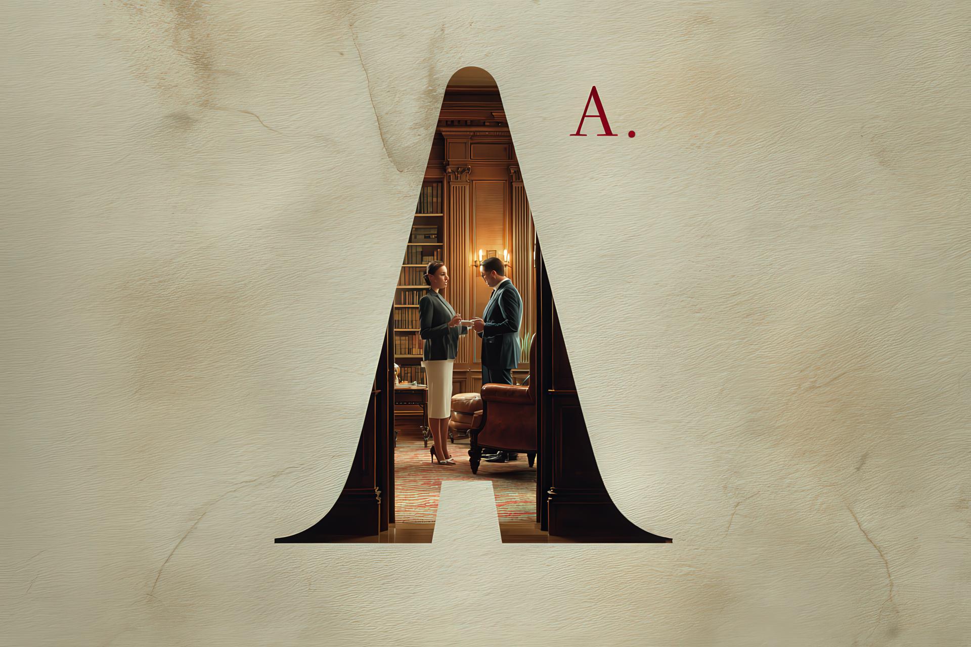 Typographic A as a keyhole revealing an elegant executive conversation