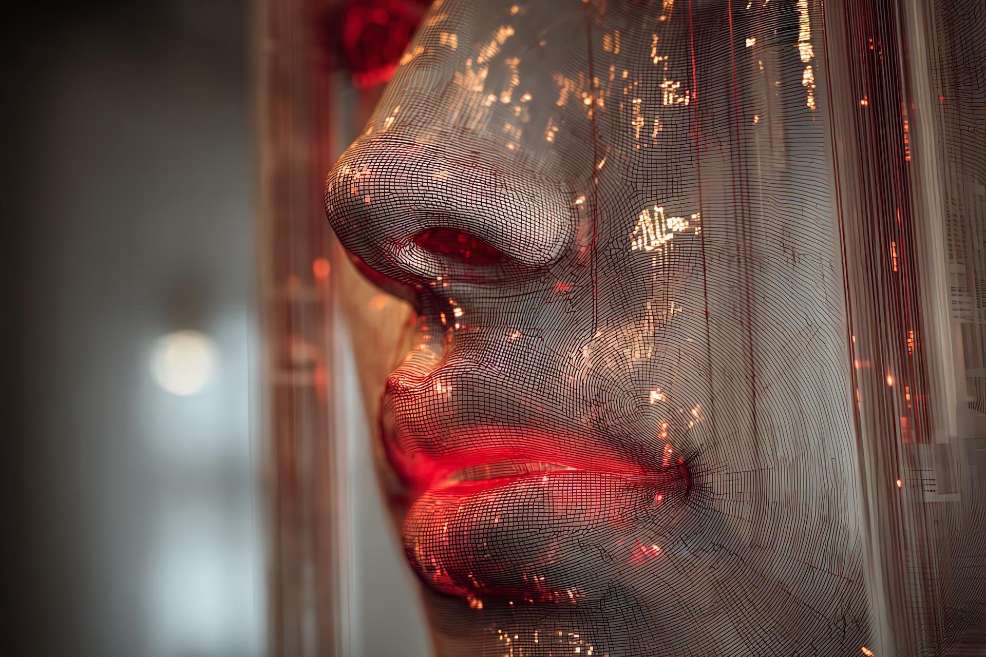 Abstract face built from digital layers and red threadlines