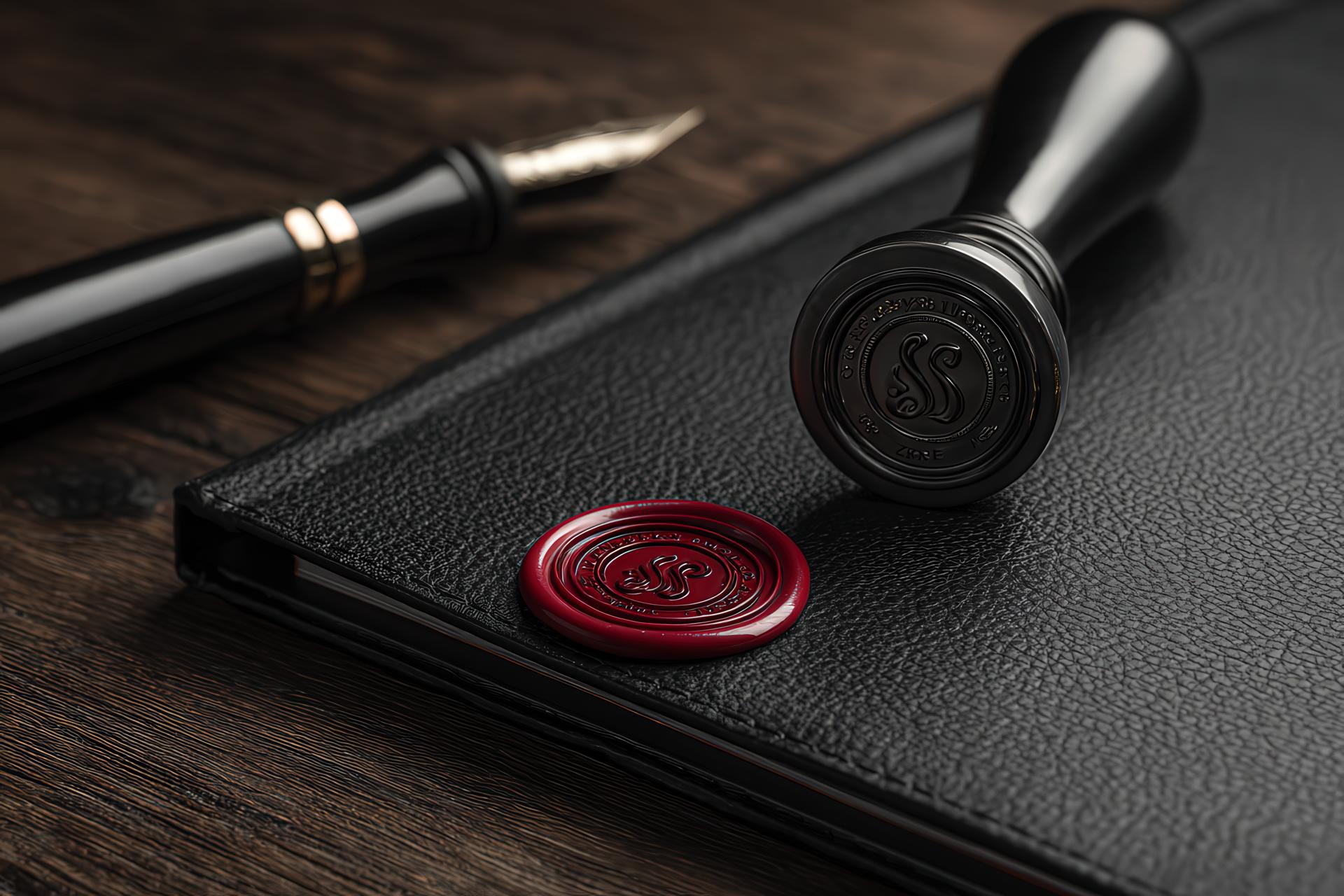 Luxurious embossing seal on a polished desk with leather agenda and fountain pen, symbolizing naming precision and authority