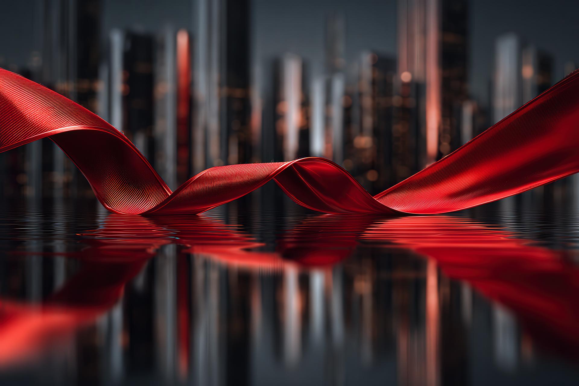 Flowing red silk ribbon over mirrored city skyline symbolizing strategy