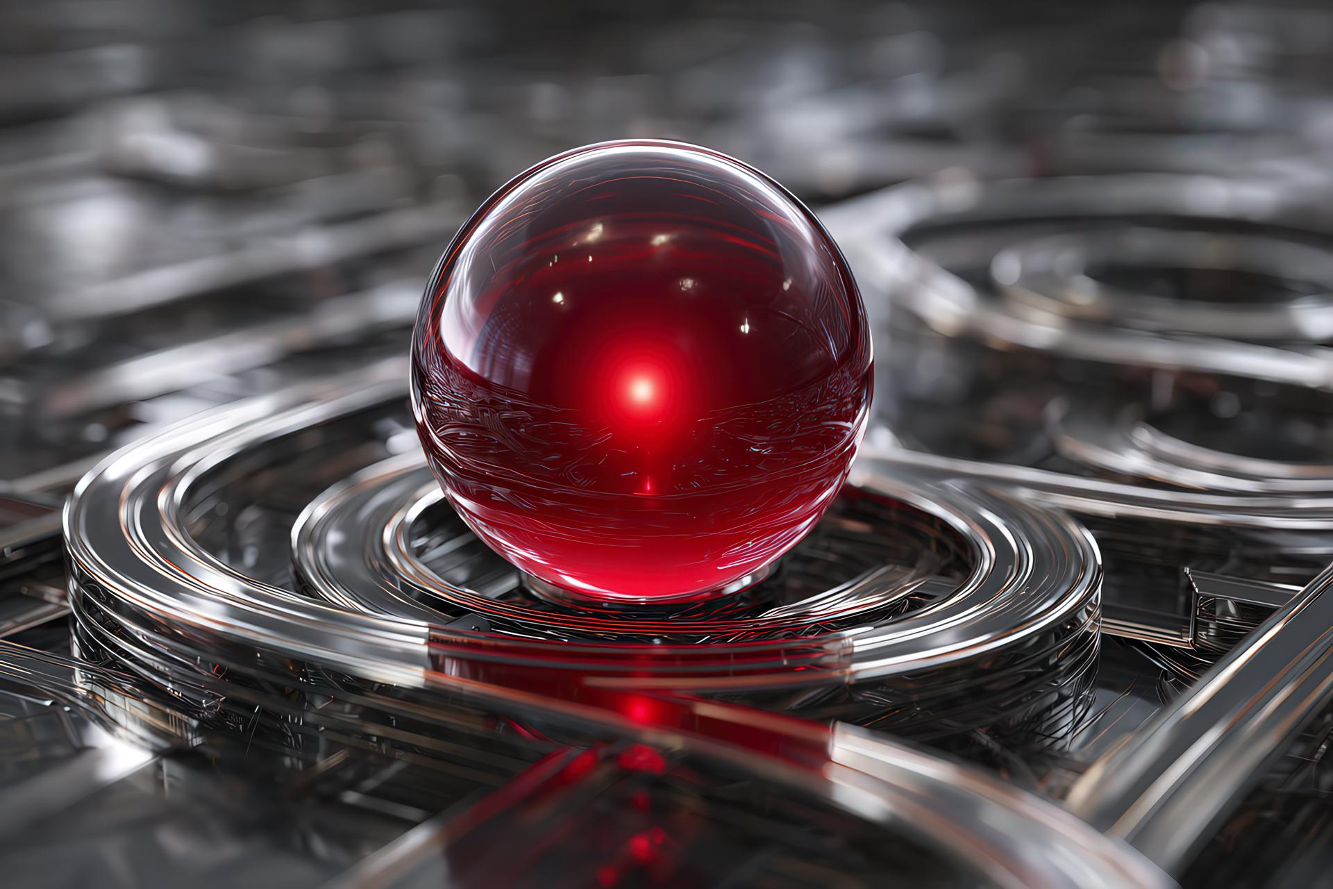 Red luminous sphere over metallic labyrinth symbolizing trust in complexity